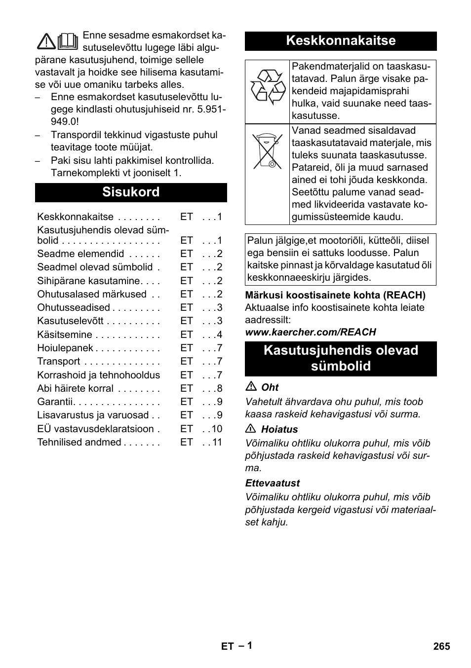 Eesti, Sisukord, Keskkonnakaitse | Kasutusjuhendis olevad sümbolid | Karcher HDS 5-11 UX User Manual | Page 265 / 312