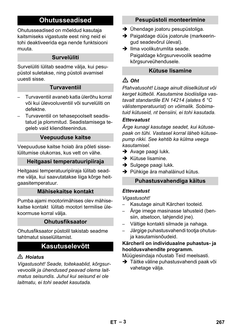 Ohutusseadised, Kasutuselevõtt | Karcher HDS 5-11 UX User Manual | Page 267 / 312