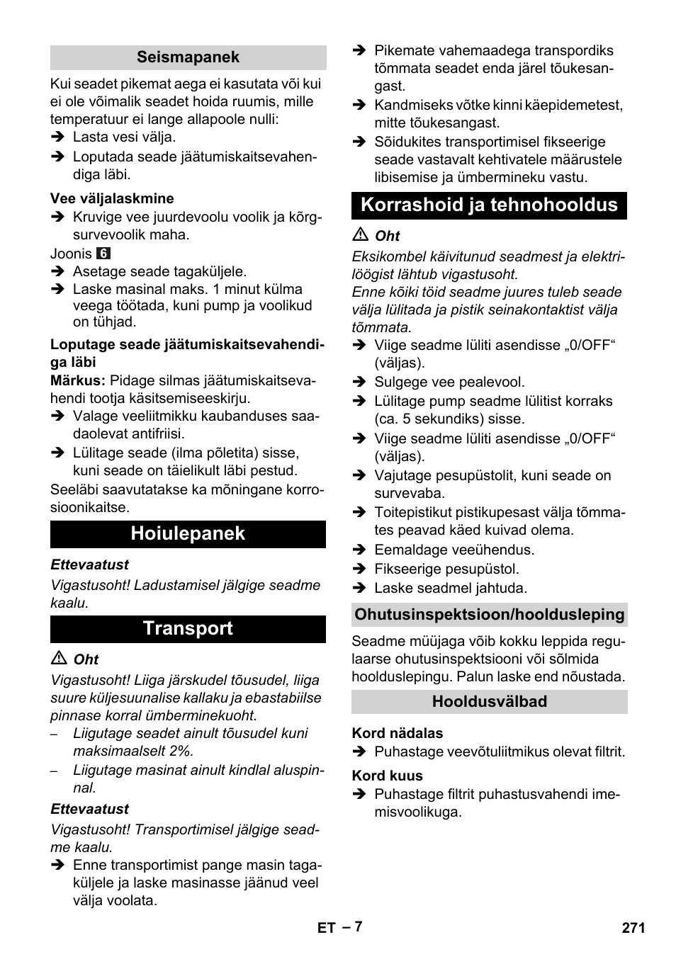 Hoiulepanek transport korrashoid ja tehnohooldus | Karcher HDS 5-11 UX User Manual | Page 271 / 312