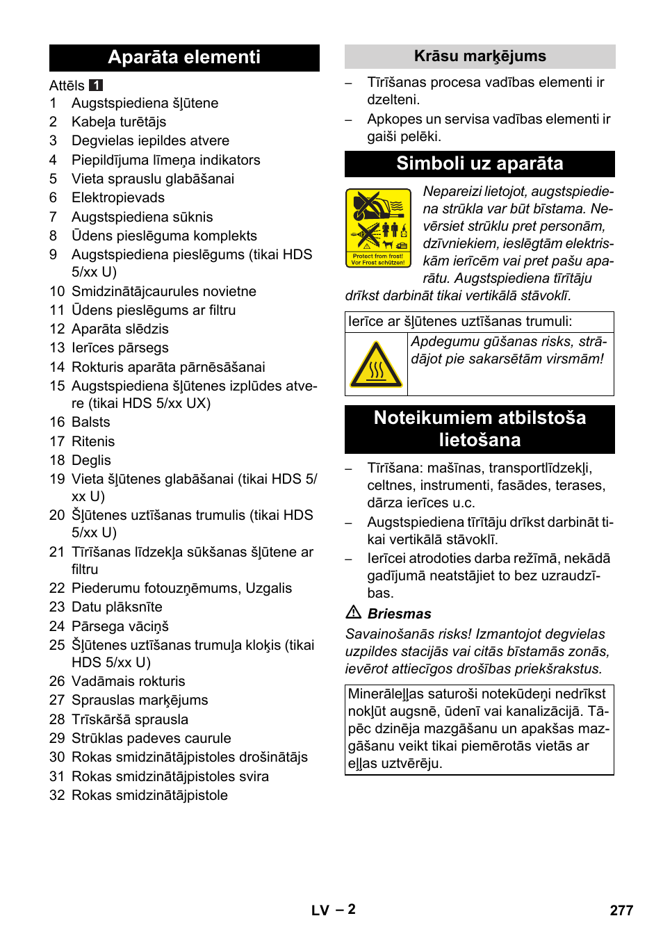 Aparāta elementi, Simboli uz aparāta | Karcher HDS 5-11 UX User Manual | Page 277 / 312