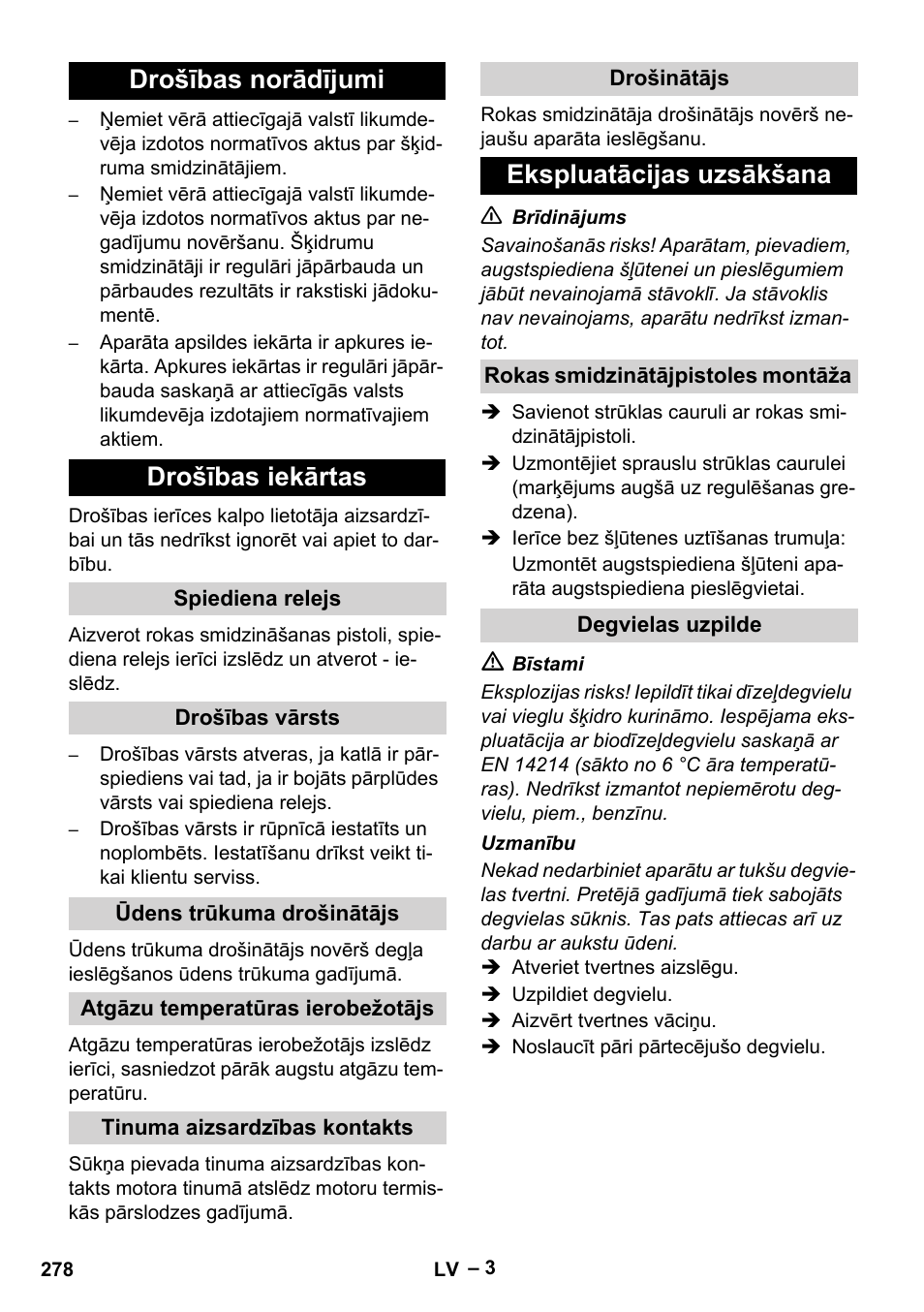 Drošības norādījumi drošības iekārtas, Ekspluatācijas uzsākšana | Karcher HDS 5-11 UX User Manual | Page 278 / 312