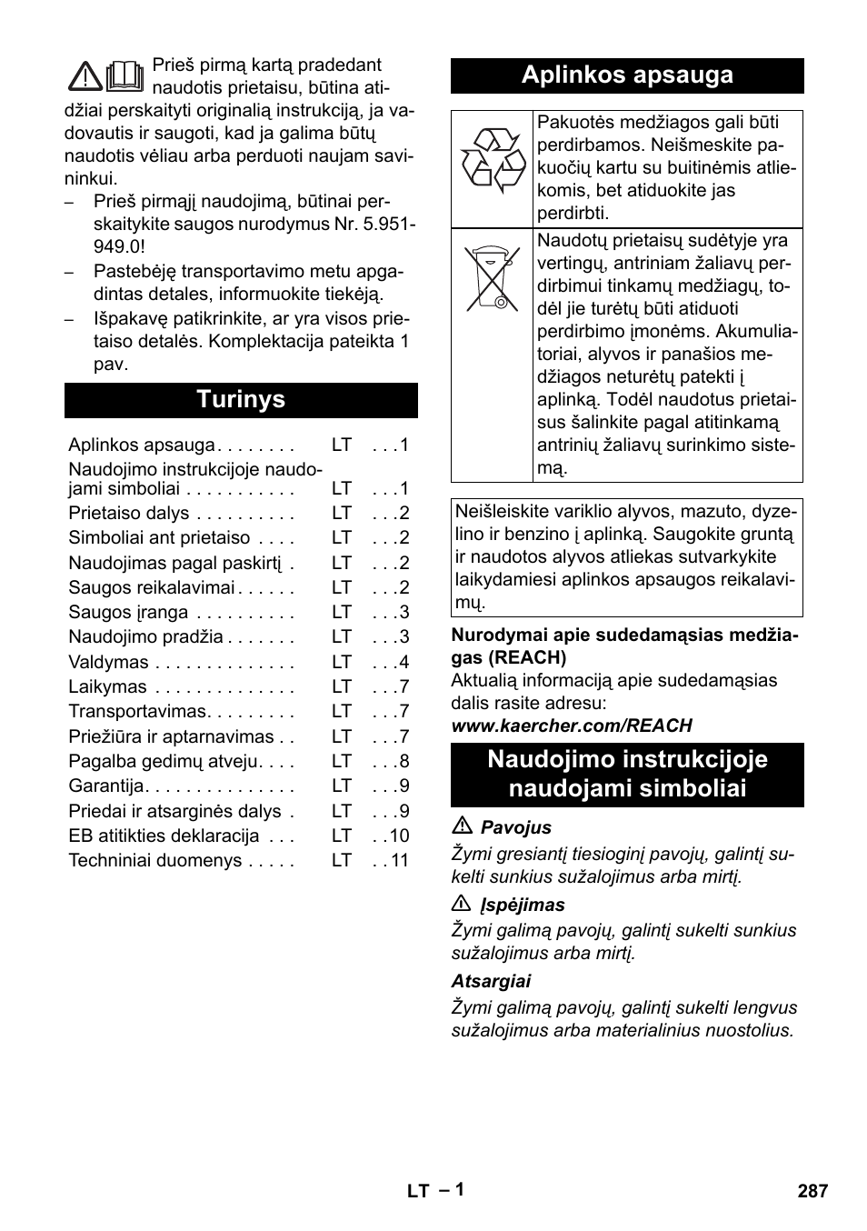 Lietuviškai, Turinys, Aplinkos apsauga | Naudojimo instrukcijoje naudojami simboliai | Karcher HDS 5-11 UX User Manual | Page 287 / 312