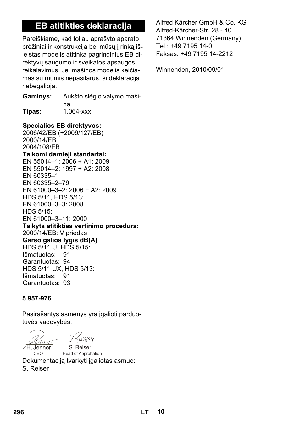 Eb atitikties deklaracija | Karcher HDS 5-11 UX User Manual | Page 296 / 312