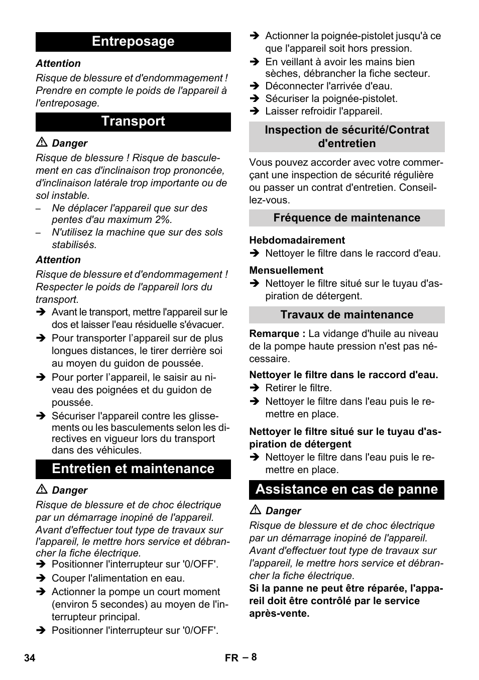 Entreposage transport entretien et maintenance, Assistance en cas de panne | Karcher HDS 5-11 UX User Manual | Page 34 / 312