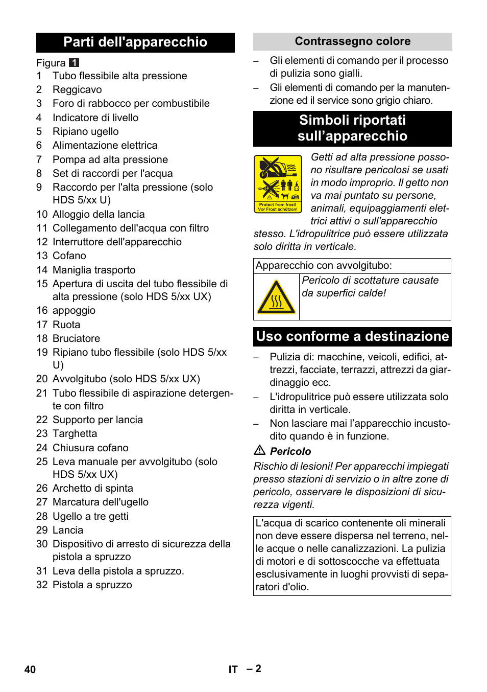 Parti dell'apparecchio, Simboli riportati sull’apparecchio, Uso conforme a destinazione | Karcher HDS 5-11 UX User Manual | Page 40 / 312