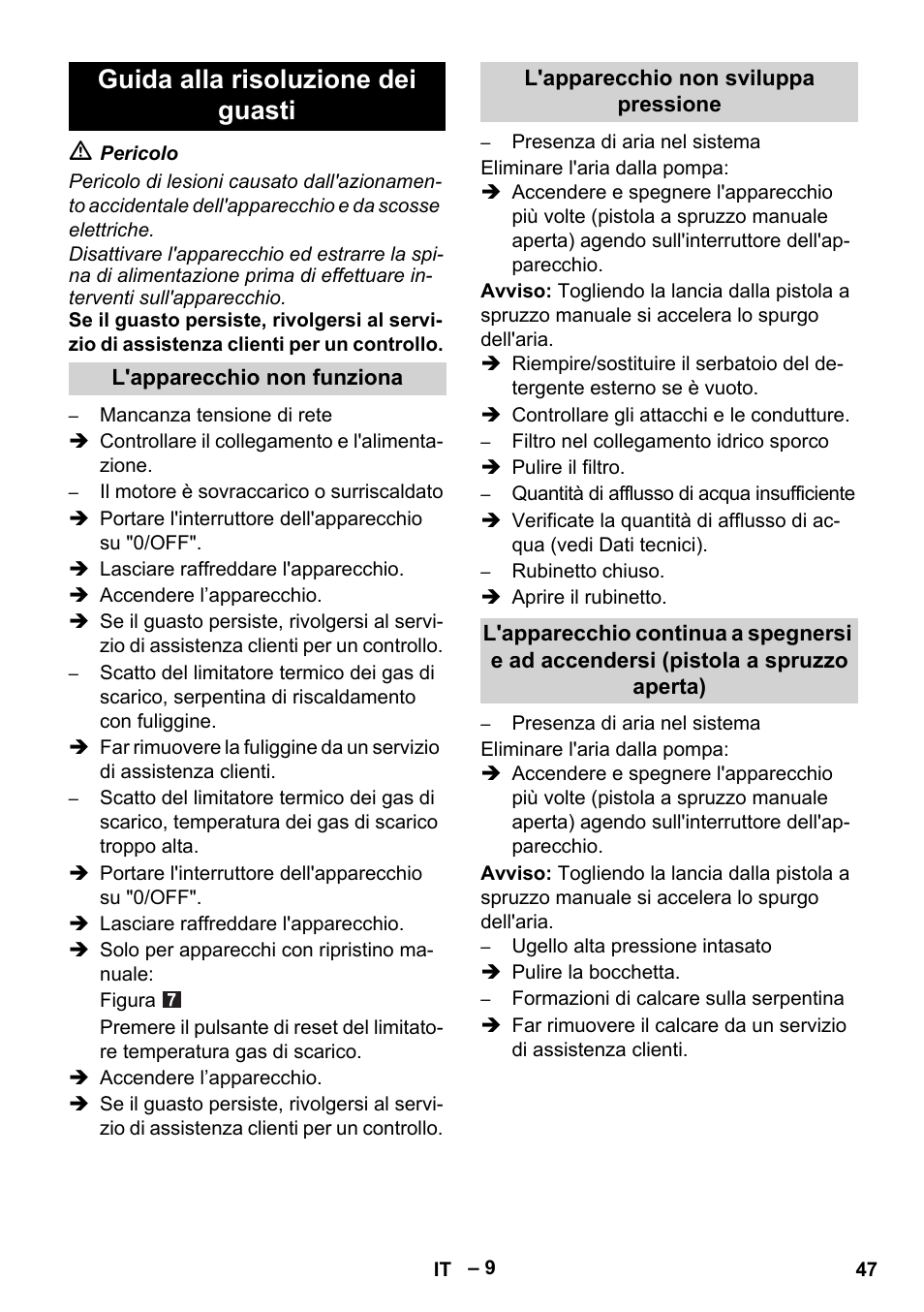 Guida alla risoluzione dei guasti | Karcher HDS 5-11 UX User Manual | Page 47 / 312