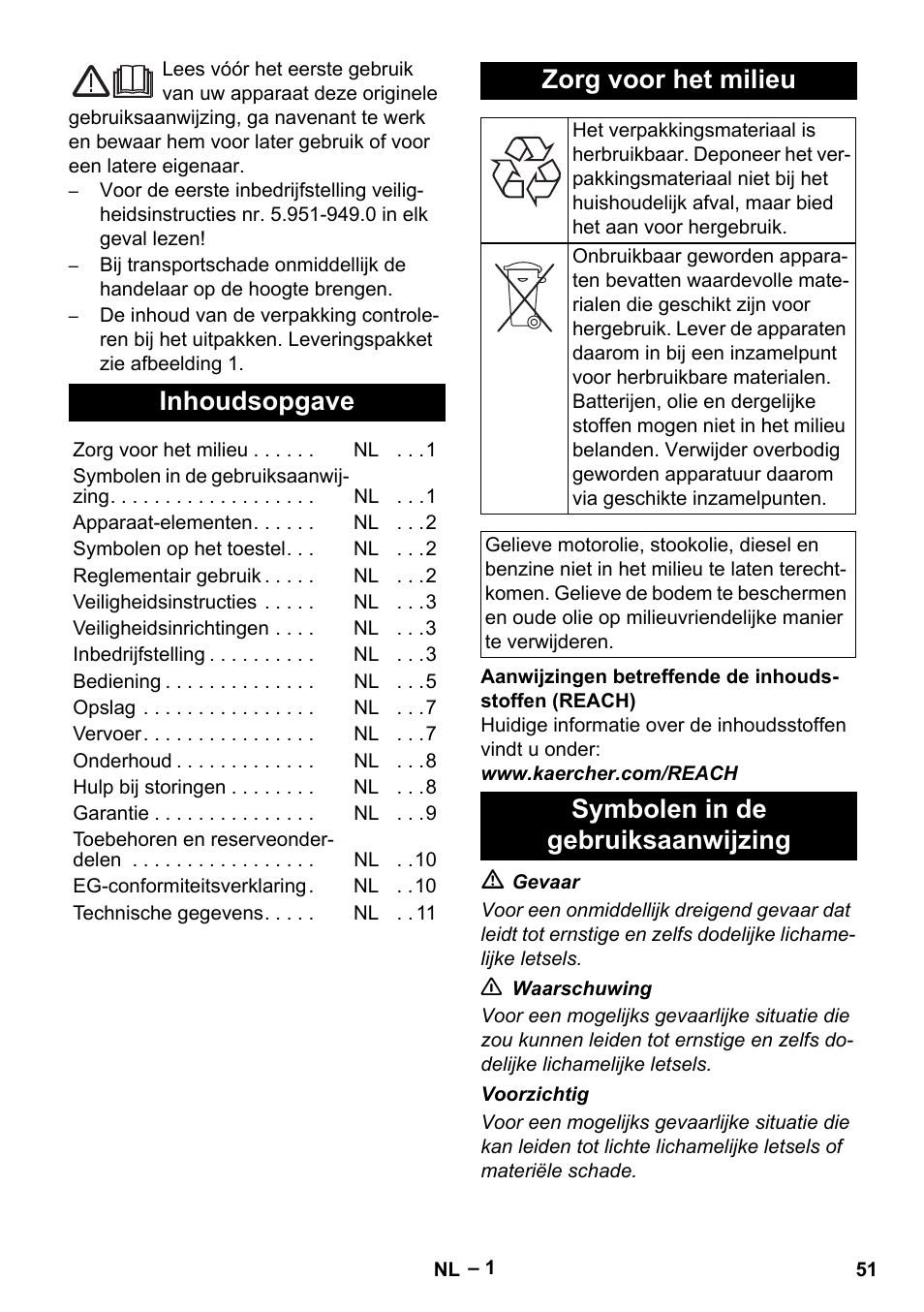 Nederlands, Inhoudsopgave, Zorg voor het milieu | Symbolen in de gebruiksaanwijzing | Karcher HDS 5-11 UX User Manual | Page 51 / 312