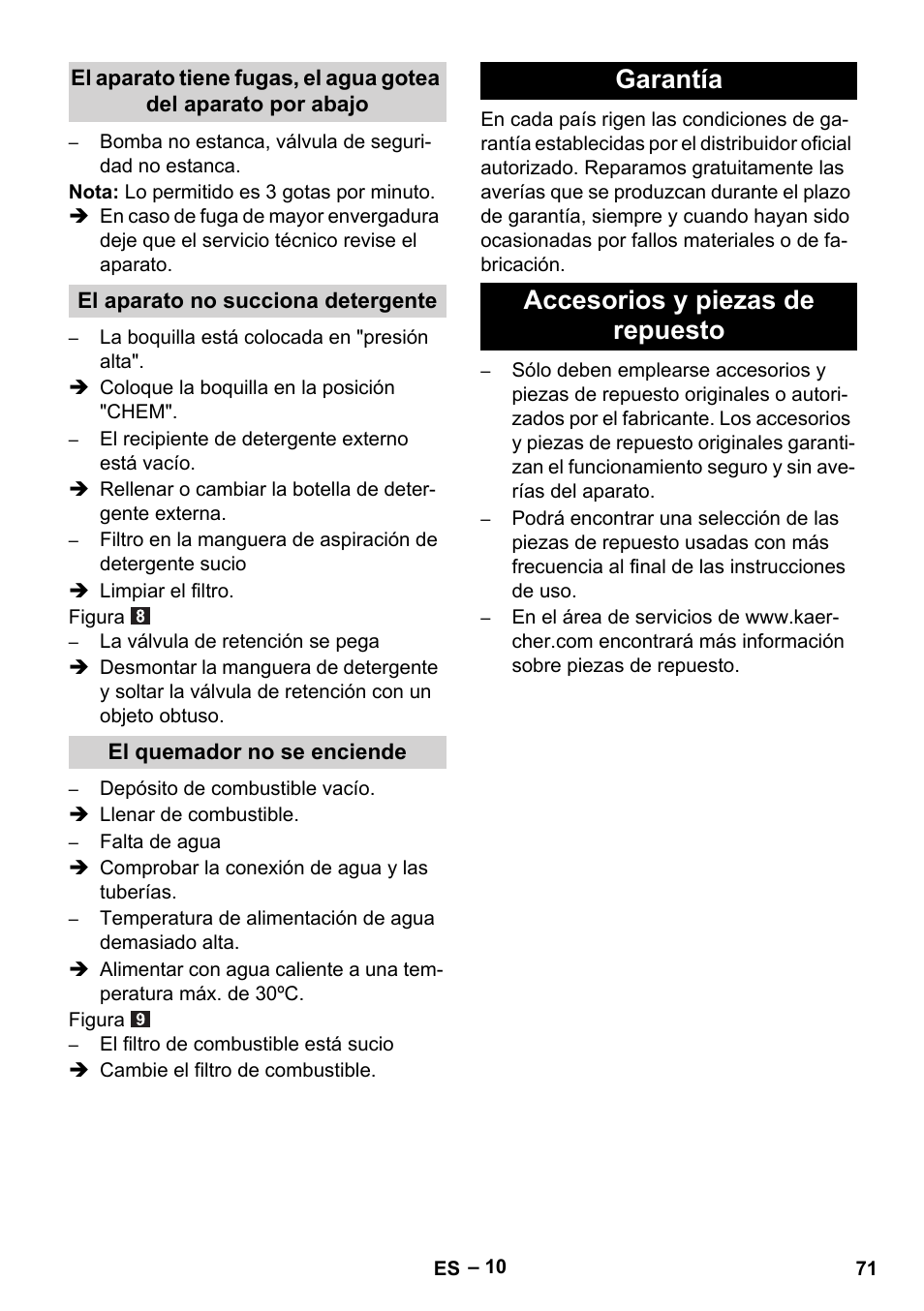 Garantía accesorios y piezas de repuesto | Karcher HDS 5-11 UX User Manual | Page 71 / 312