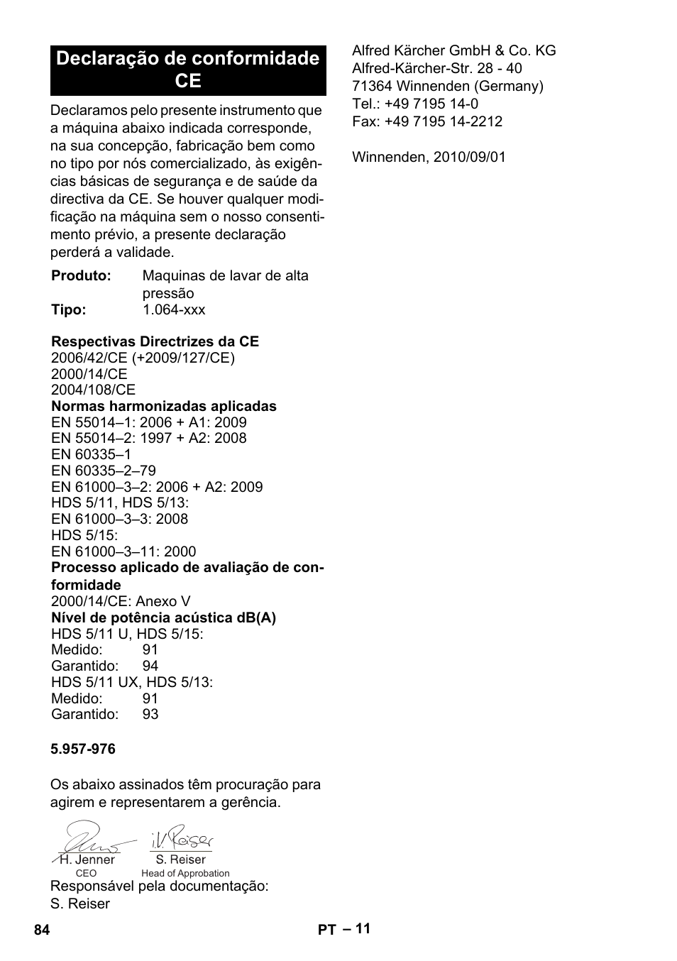 Declaração de conformidade ce | Karcher HDS 5-11 UX User Manual | Page 84 / 312