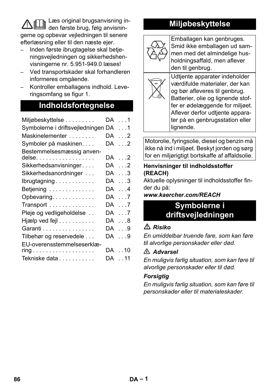 Dansk, Indholdsfortegnelse, Miljøbeskyttelse | Symbolerne i driftsvejledningen | Karcher HDS 5-11 UX User Manual | Page 86 / 312