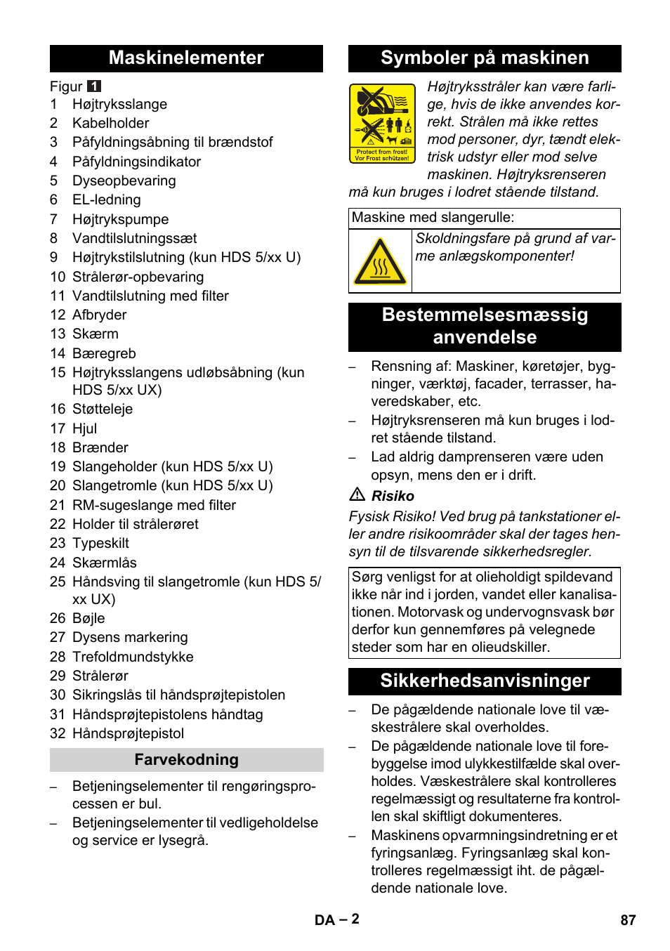 Maskinelementer, Symboler på maskinen, Bestemmelsesmæssig anvendelse | Sikkerhedsanvisninger | Karcher HDS 5-11 UX User Manual | Page 87 / 312