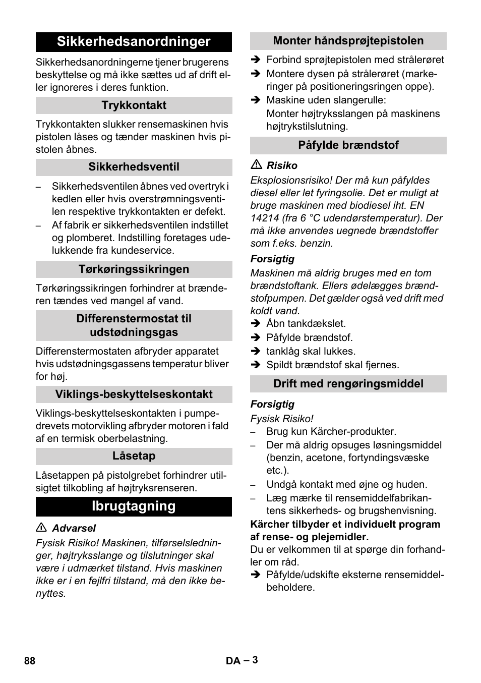 Sikkerhedsanordninger, Ibrugtagning | Karcher HDS 5-11 UX User Manual | Page 88 / 312