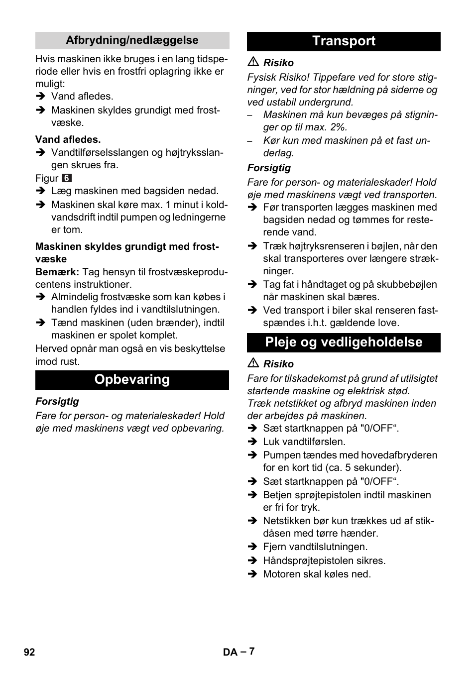 Opbevaring transport pleje og vedligeholdelse | Karcher HDS 5-11 UX User Manual | Page 92 / 312