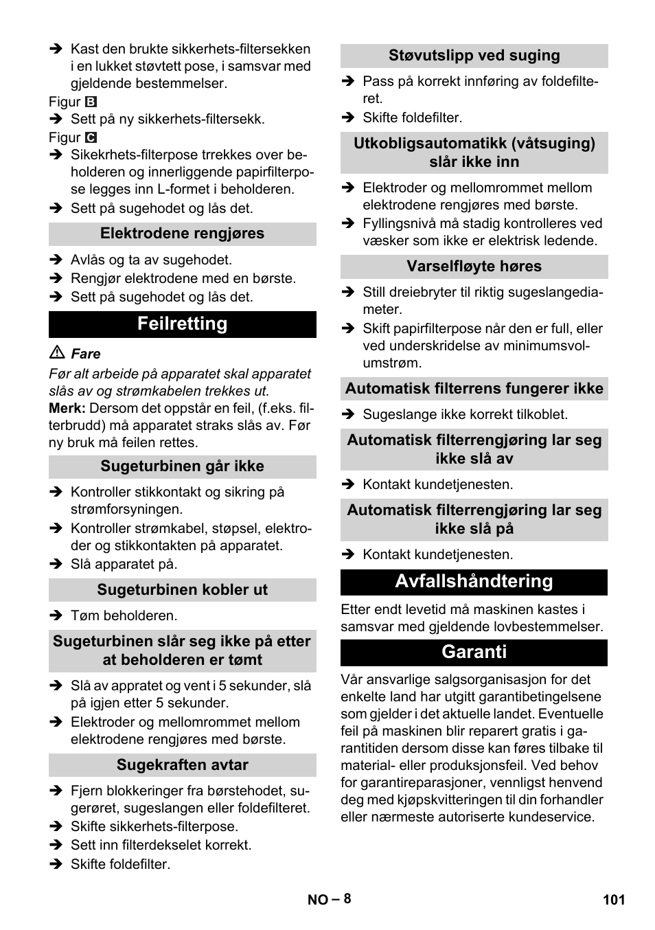 Feilretting, Avfallshåndtering garanti | Karcher NT 75-1 Tact Me Te H User Manual | Page 101 / 308