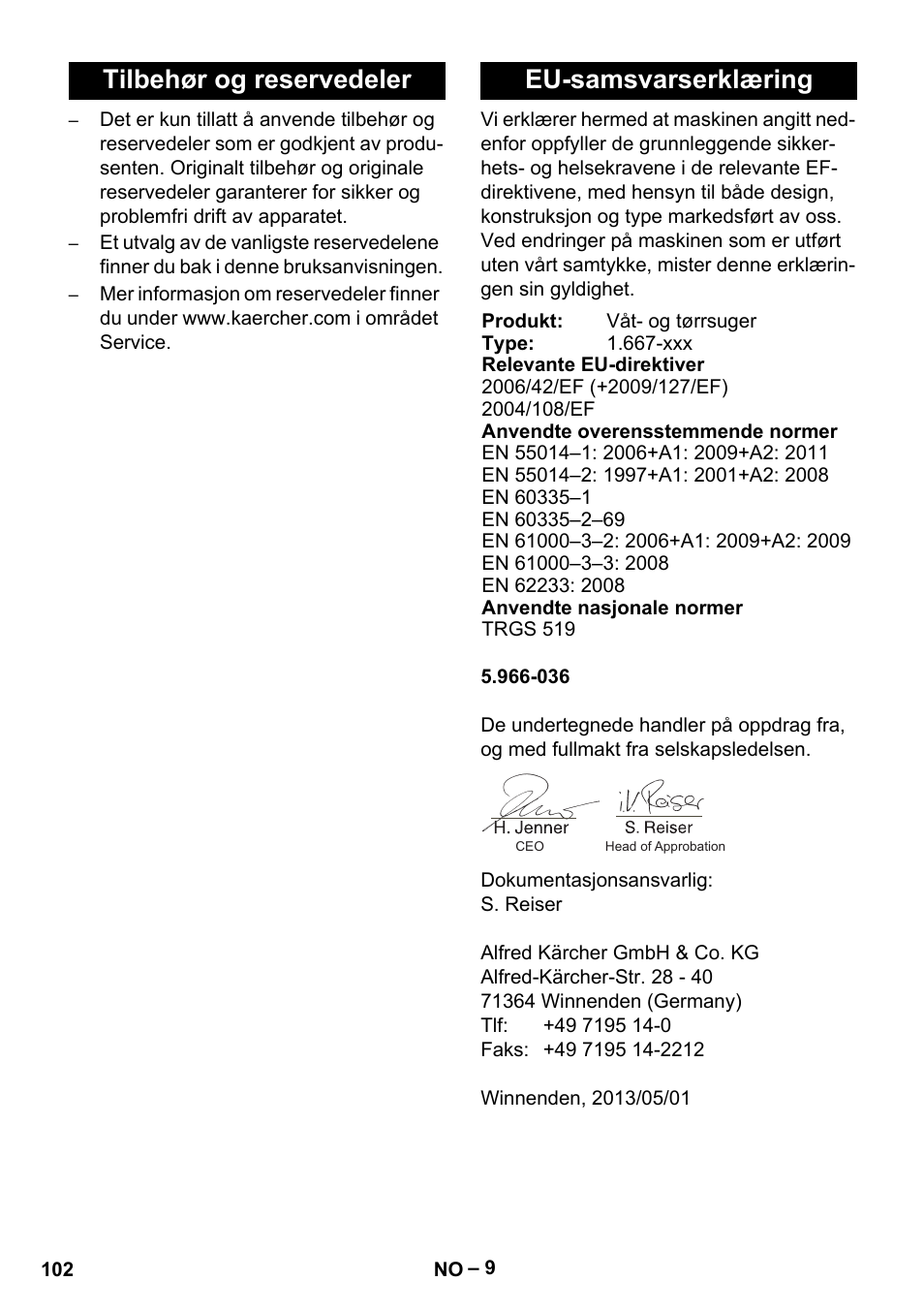 Tilbehør og reservedeler eu-samsvarserklæring | Karcher NT 75-1 Tact Me Te H User Manual | Page 102 / 308