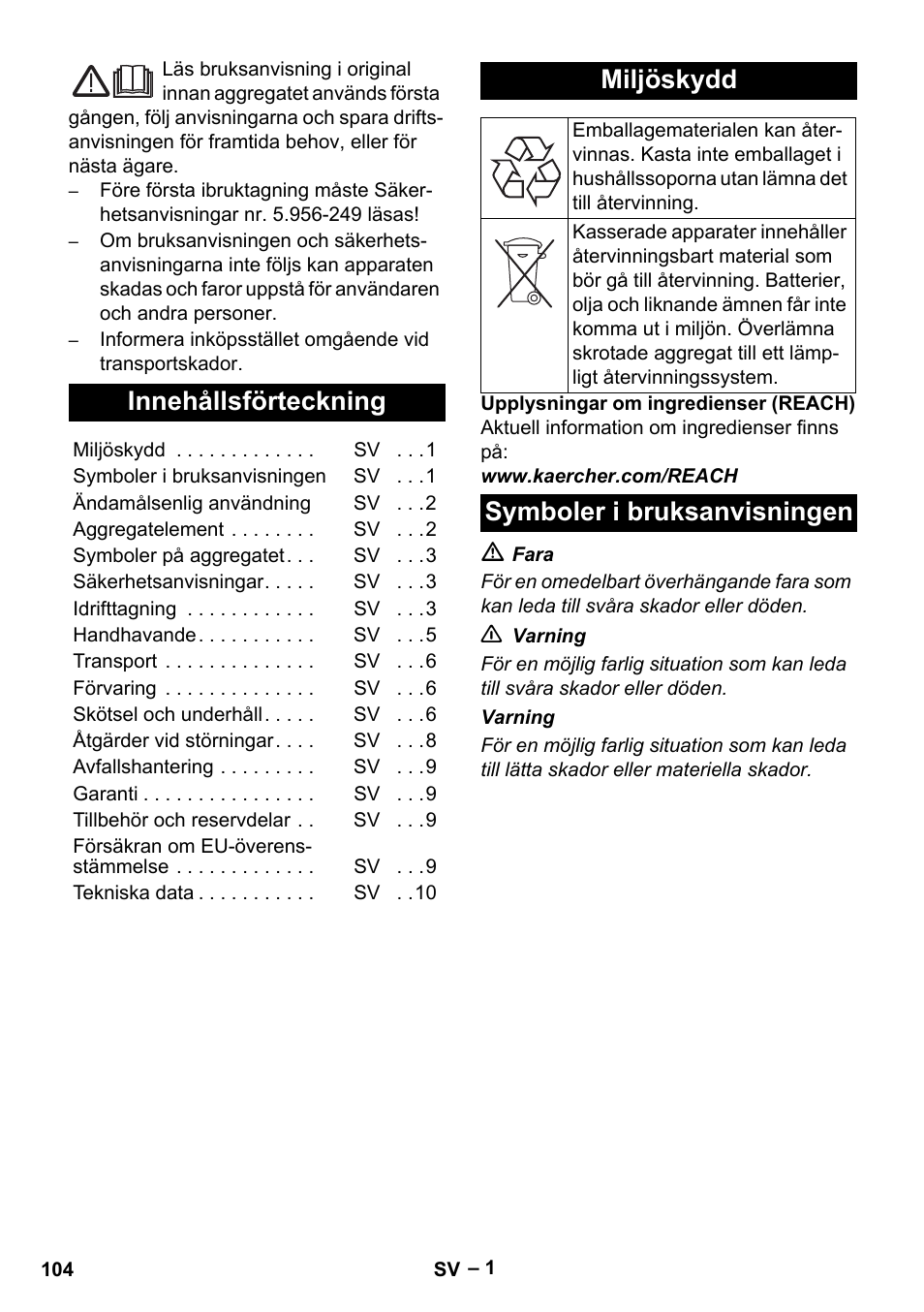 Svenska, Innehållsförteckning, Miljöskydd | Symboler i bruksanvisningen | Karcher NT 75-1 Tact Me Te H User Manual | Page 104 / 308