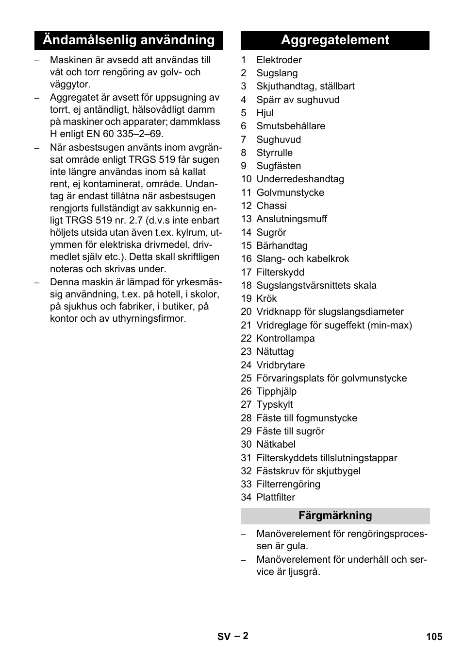 Ändamålsenlig användning aggregatelement | Karcher NT 75-1 Tact Me Te H User Manual | Page 105 / 308