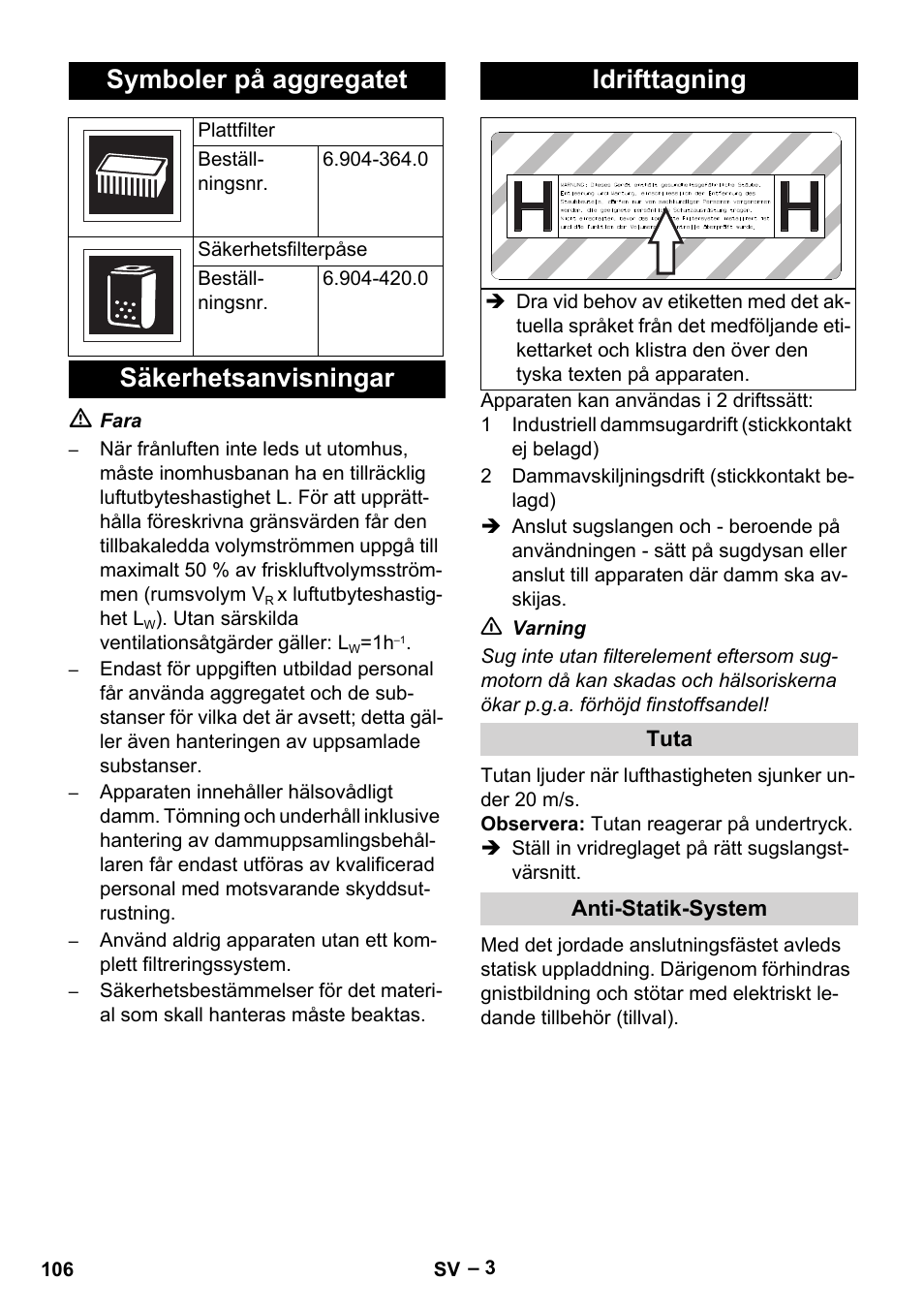 Symboler på aggregatet, Säkerhetsanvisningar idrifttagning | Karcher NT 75-1 Tact Me Te H User Manual | Page 106 / 308