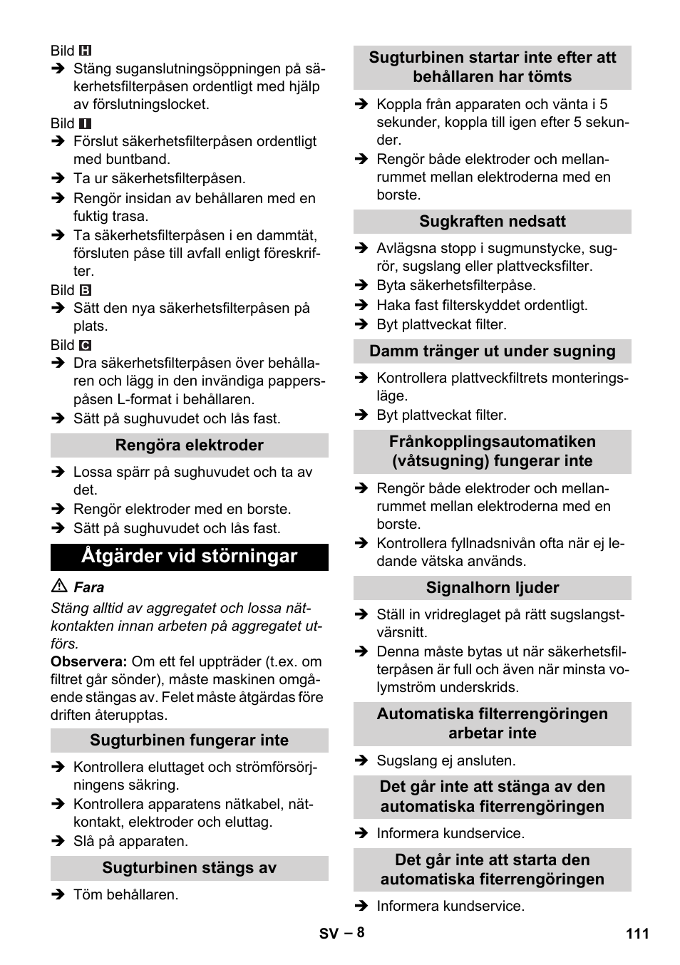 Åtgärder vid störningar | Karcher NT 75-1 Tact Me Te H User Manual | Page 111 / 308