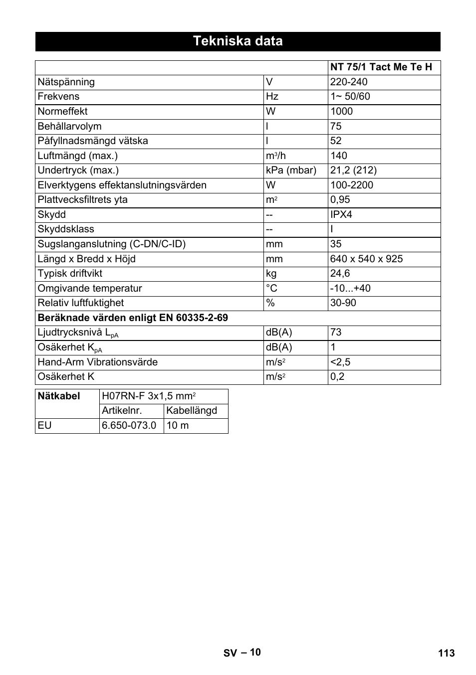 Tekniska data | Karcher NT 75-1 Tact Me Te H User Manual | Page 113 / 308