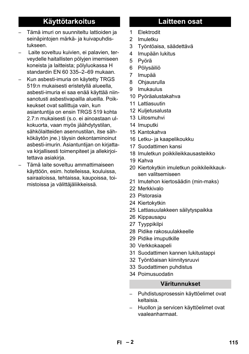 Käyttötarkoitus laitteen osat | Karcher NT 75-1 Tact Me Te H User Manual | Page 115 / 308