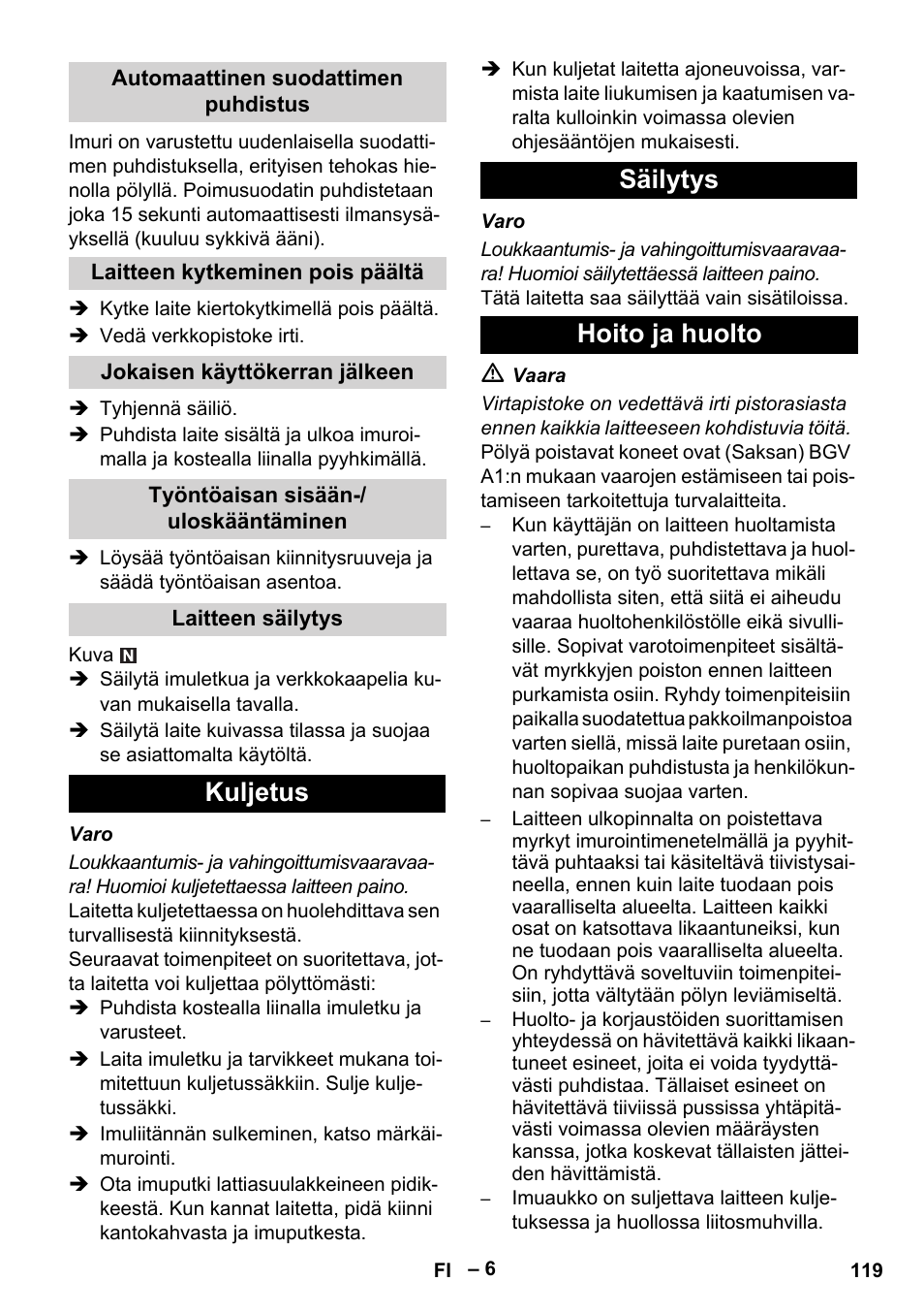 Kuljetus säilytys hoito ja huolto | Karcher NT 75-1 Tact Me Te H User Manual | Page 119 / 308