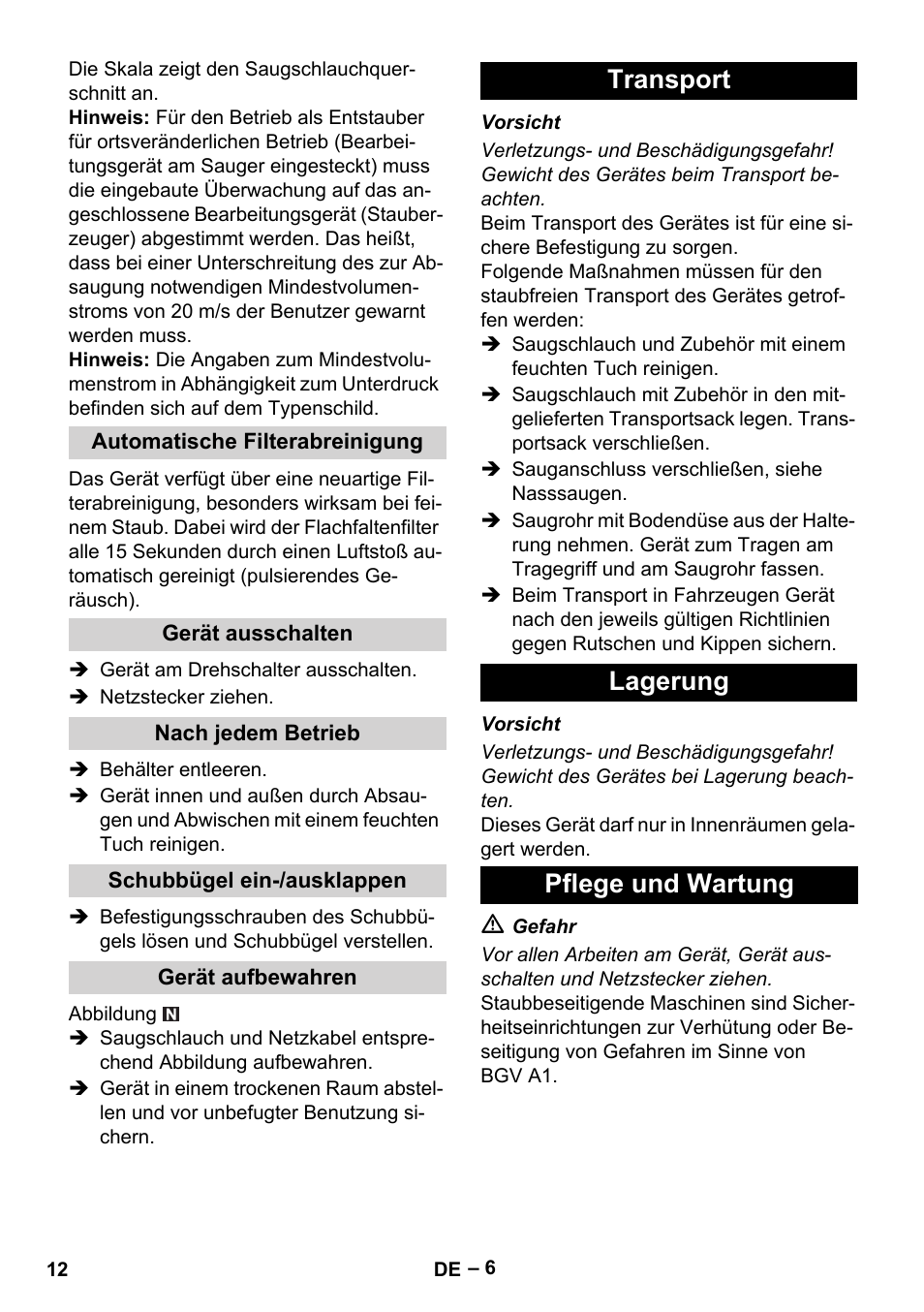 Transport lagerung pflege und wartung | Karcher NT 75-1 Tact Me Te H User Manual | Page 12 / 308