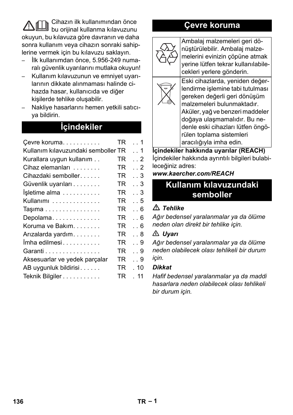 Türkçe, Içindekiler, Çevre koruma | Kullanım kılavuzundaki semboller | Karcher NT 75-1 Tact Me Te H User Manual | Page 136 / 308