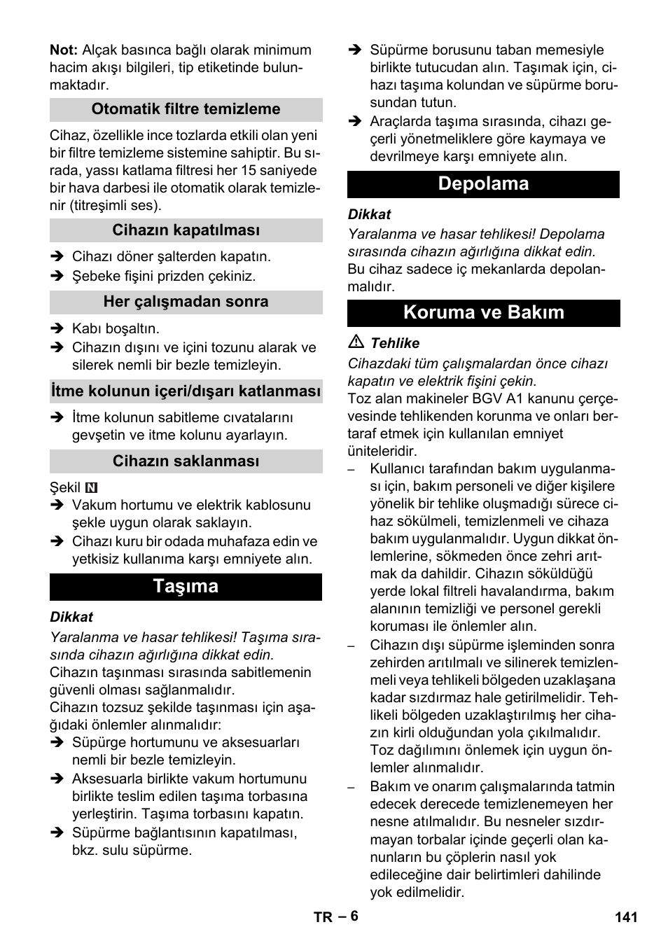Taşıma depolama koruma ve bakım | Karcher NT 75-1 Tact Me Te H User Manual | Page 141 / 308