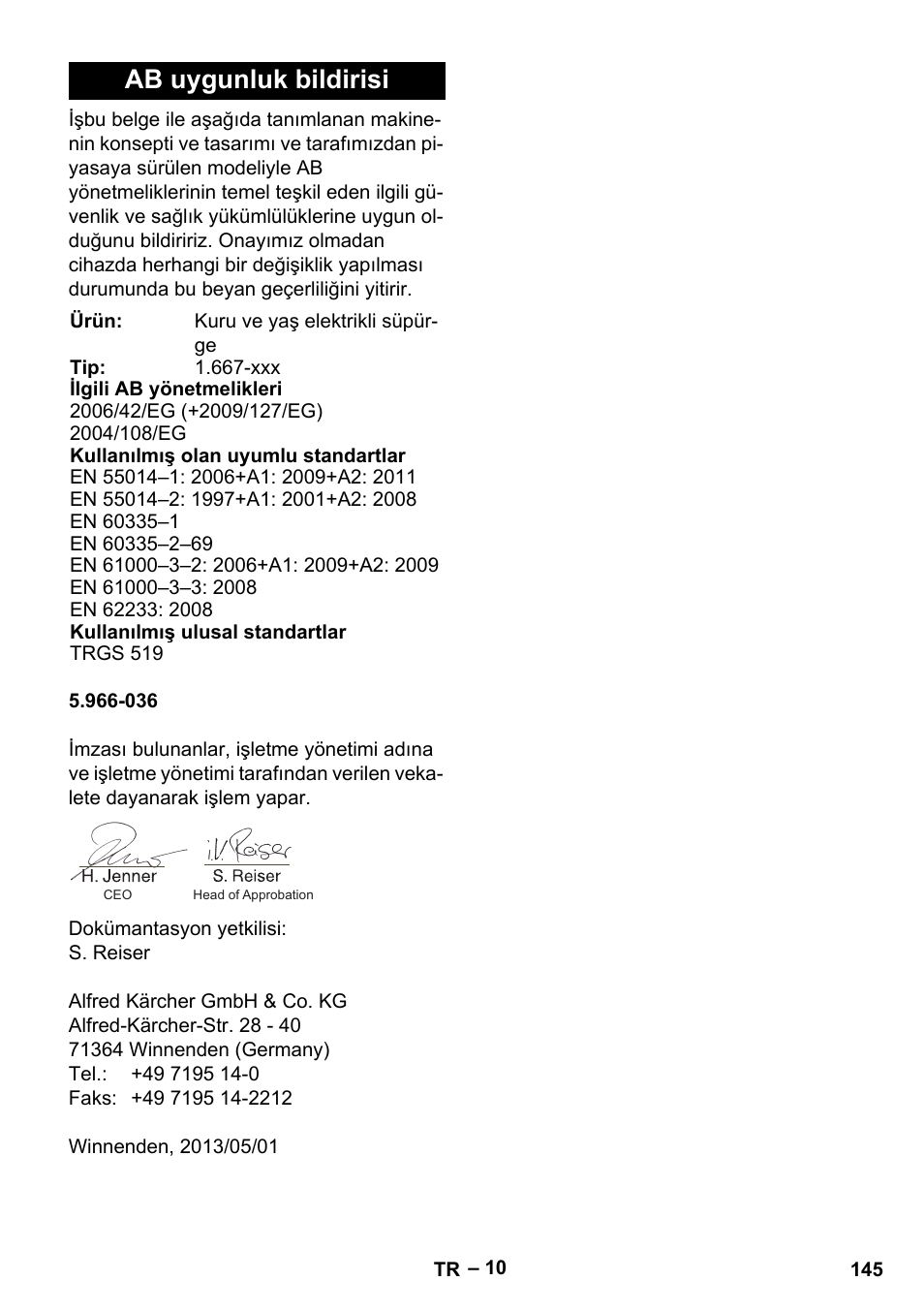 Ab uygunluk bildirisi | Karcher NT 75-1 Tact Me Te H User Manual | Page 145 / 308