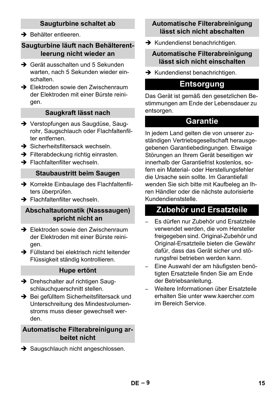 Entsorgung garantie zubehör und ersatzteile | Karcher NT 75-1 Tact Me Te H User Manual | Page 15 / 308