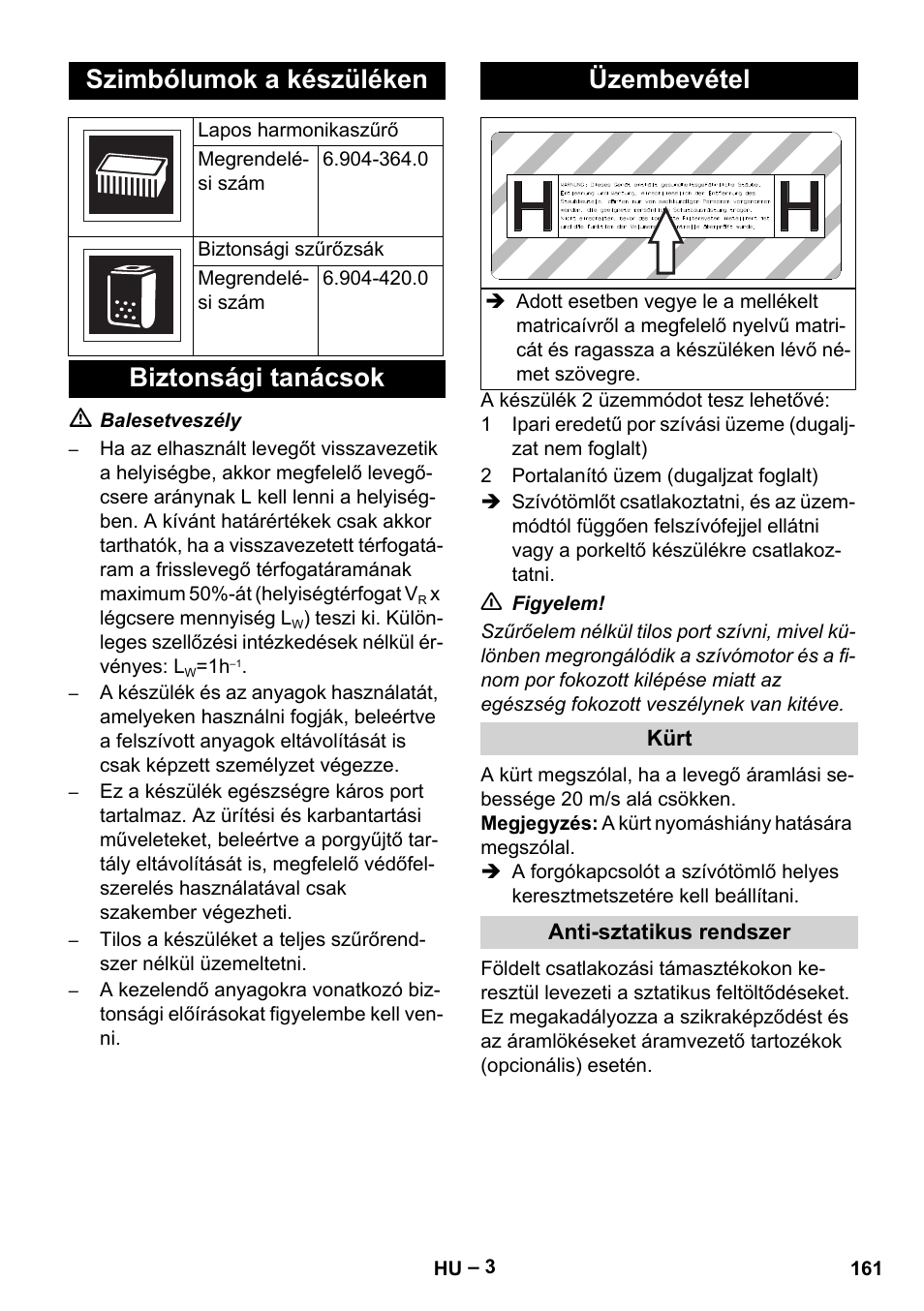 Szimbólumok a készüléken, Biztonsági tanácsok üzembevétel | Karcher NT 75-1 Tact Me Te H User Manual | Page 161 / 308