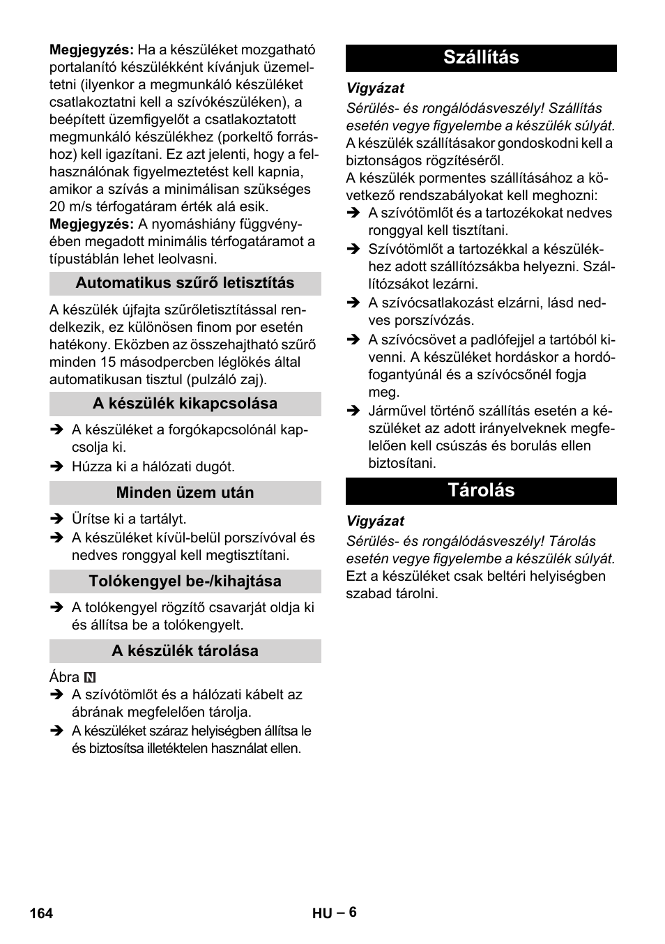 Szállítás tárolás | Karcher NT 75-1 Tact Me Te H User Manual | Page 164 / 308