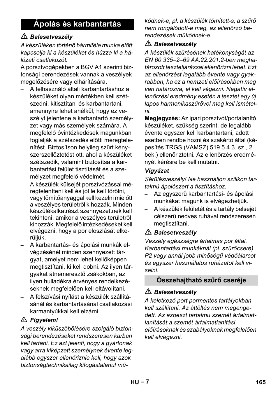 Ápolás és karbantartás | Karcher NT 75-1 Tact Me Te H User Manual | Page 165 / 308