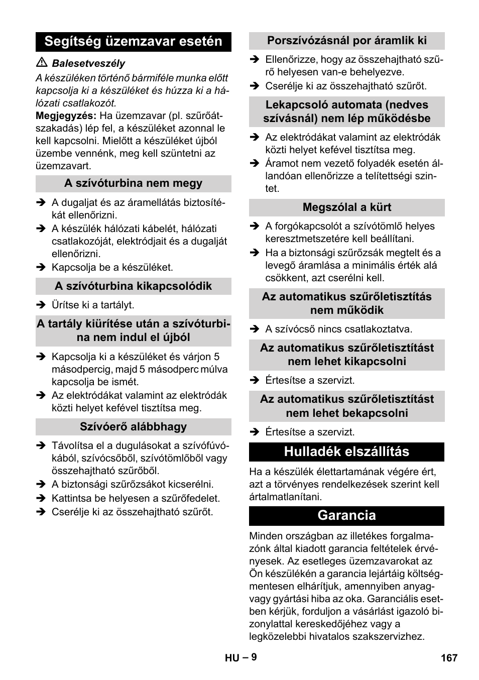 Segítség üzemzavar esetén, Hulladék elszállítás garancia | Karcher NT 75-1 Tact Me Te H User Manual | Page 167 / 308