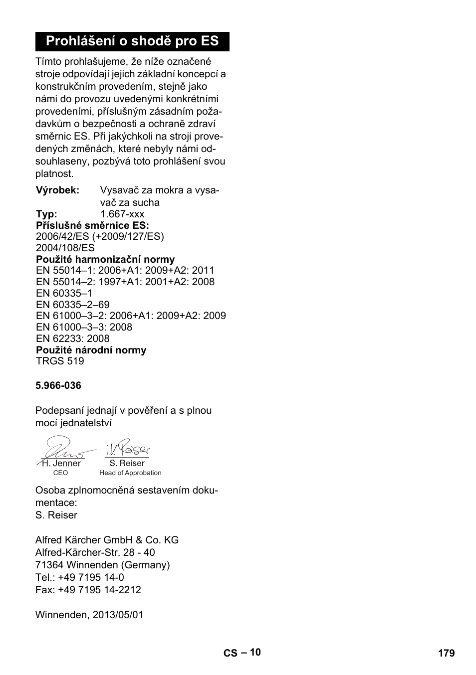 Prohlášení o shodě pro es | Karcher NT 75-1 Tact Me Te H User Manual | Page 179 / 308