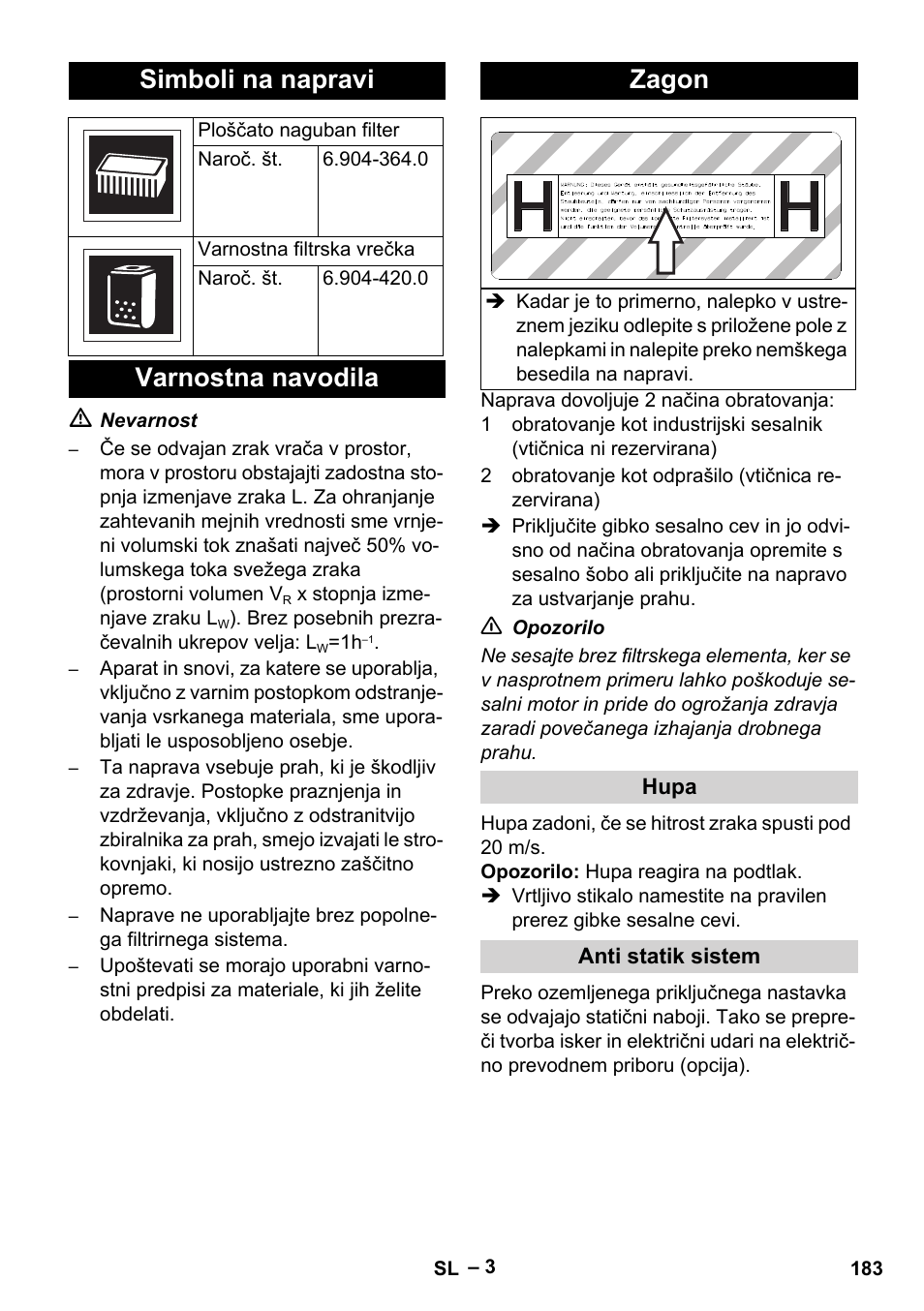 Simboli na napravi, Varnostna navodila zagon | Karcher NT 75-1 Tact Me Te H User Manual | Page 183 / 308