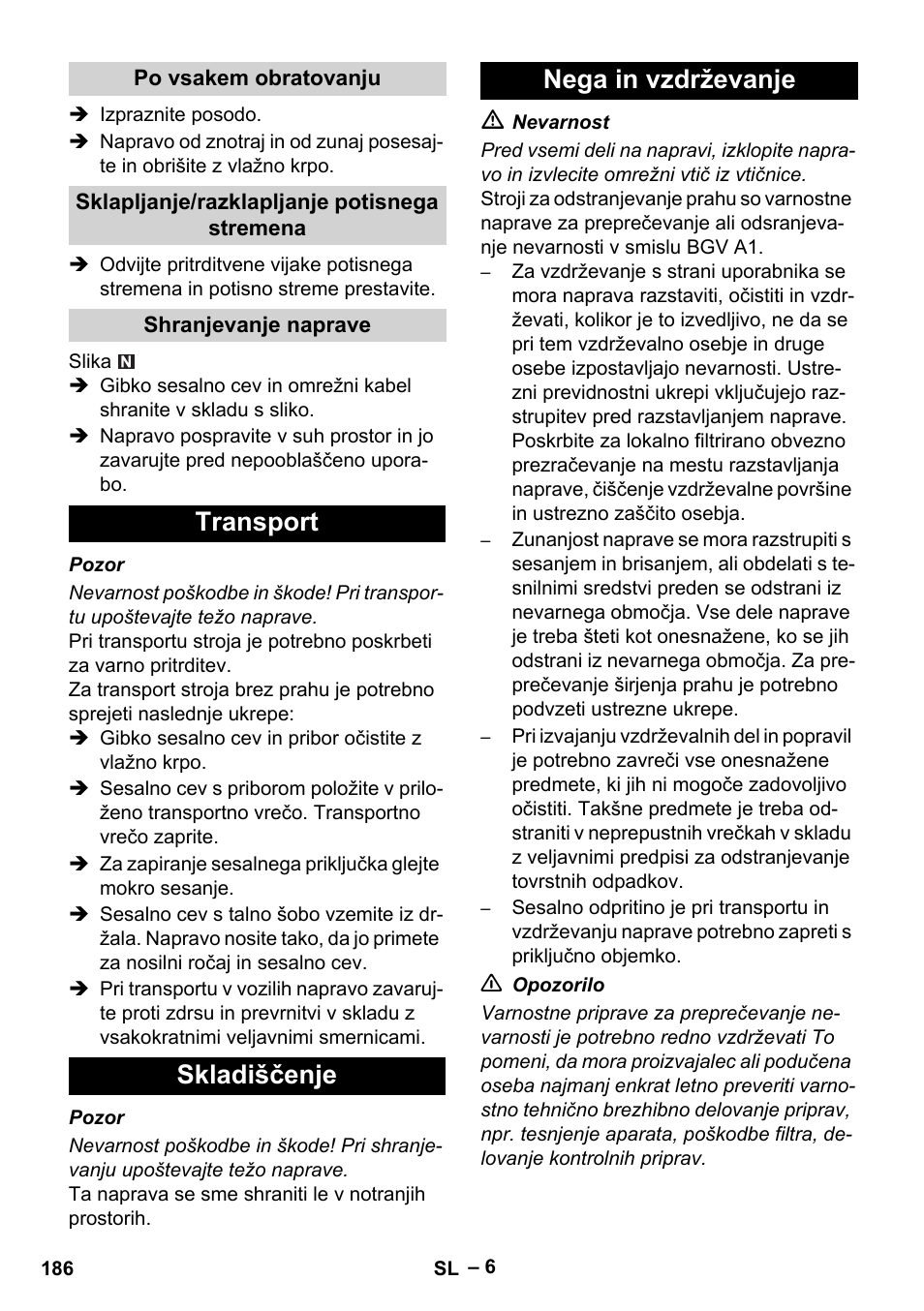 Transport skladiščenje nega in vzdrževanje | Karcher NT 75-1 Tact Me Te H User Manual | Page 186 / 308