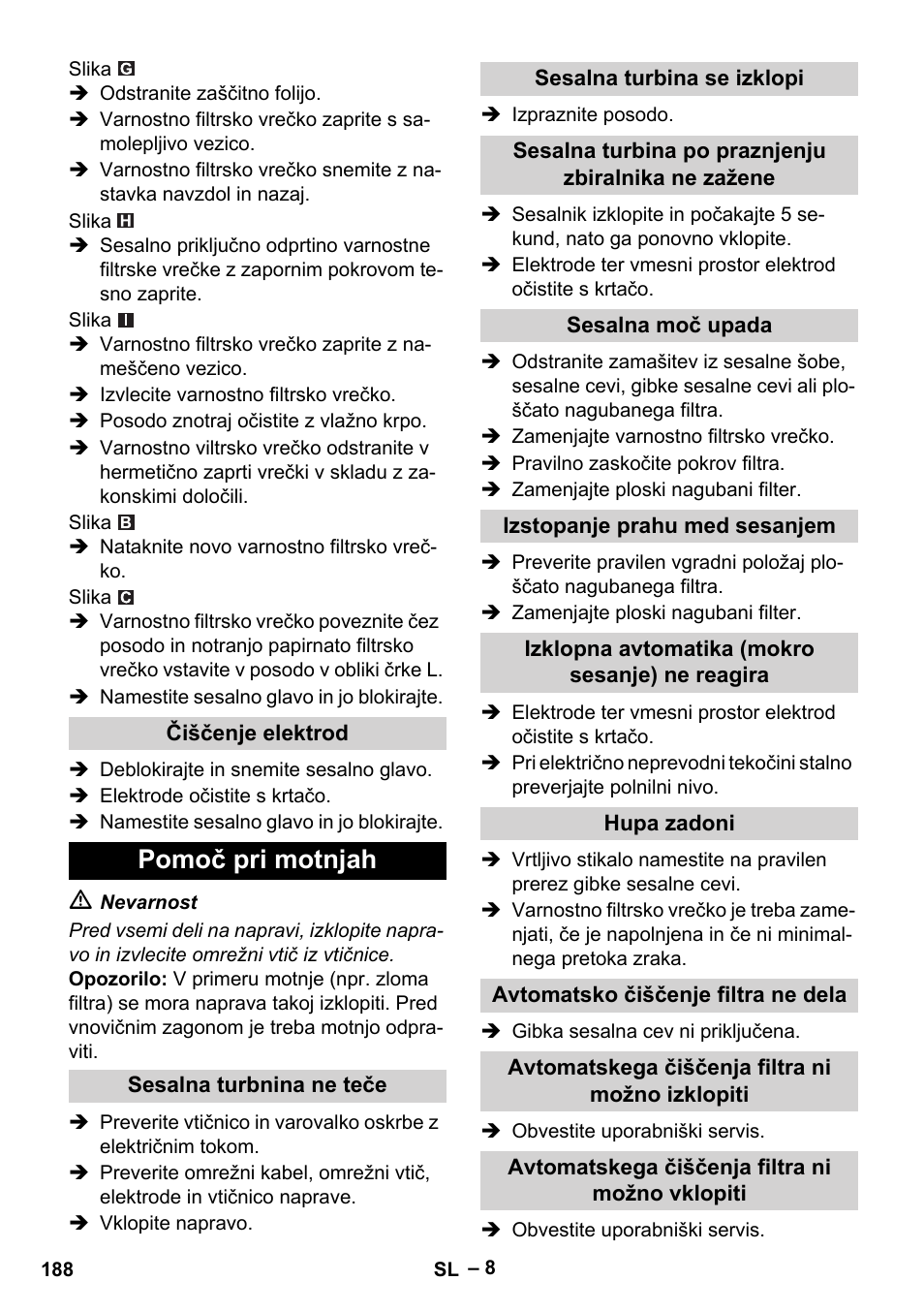 Pomoč pri motnjah | Karcher NT 75-1 Tact Me Te H User Manual | Page 188 / 308