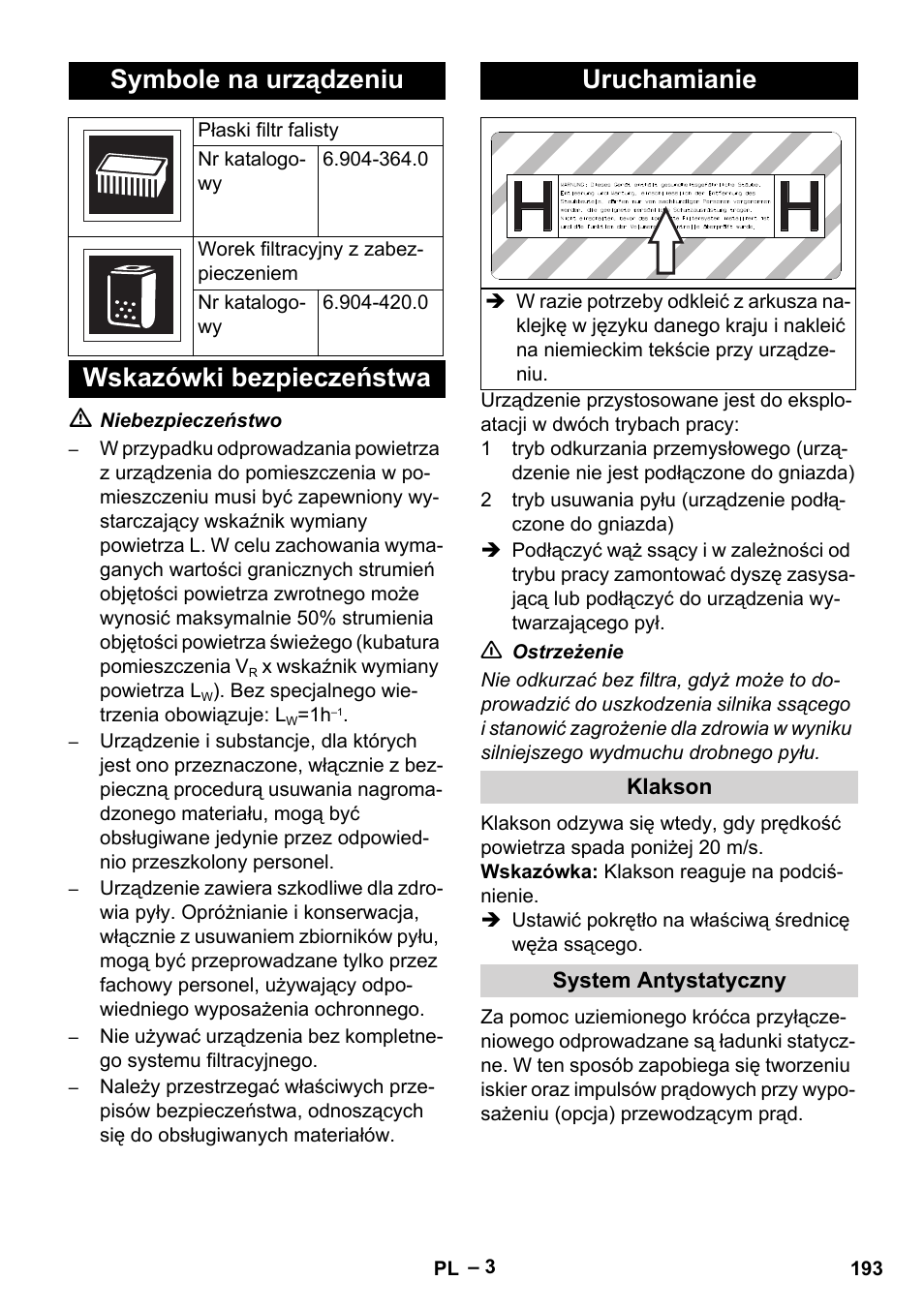 Symbole na urządzeniu, Wskazówki bezpieczeństwa uruchamianie | Karcher NT 75-1 Tact Me Te H User Manual | Page 193 / 308