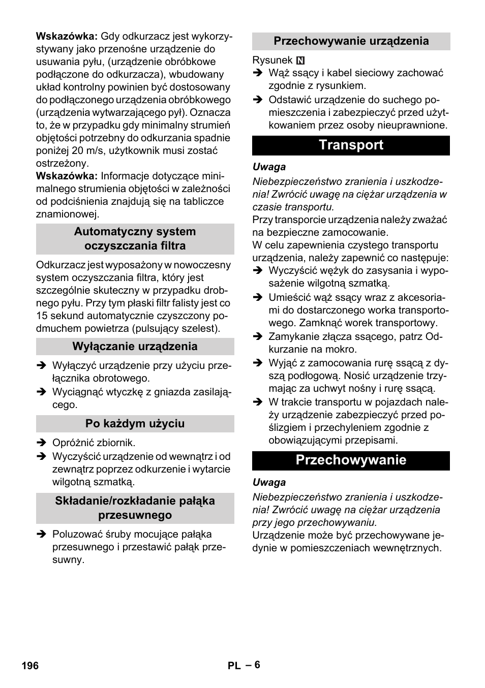 Transport przechowywanie | Karcher NT 75-1 Tact Me Te H User Manual | Page 196 / 308