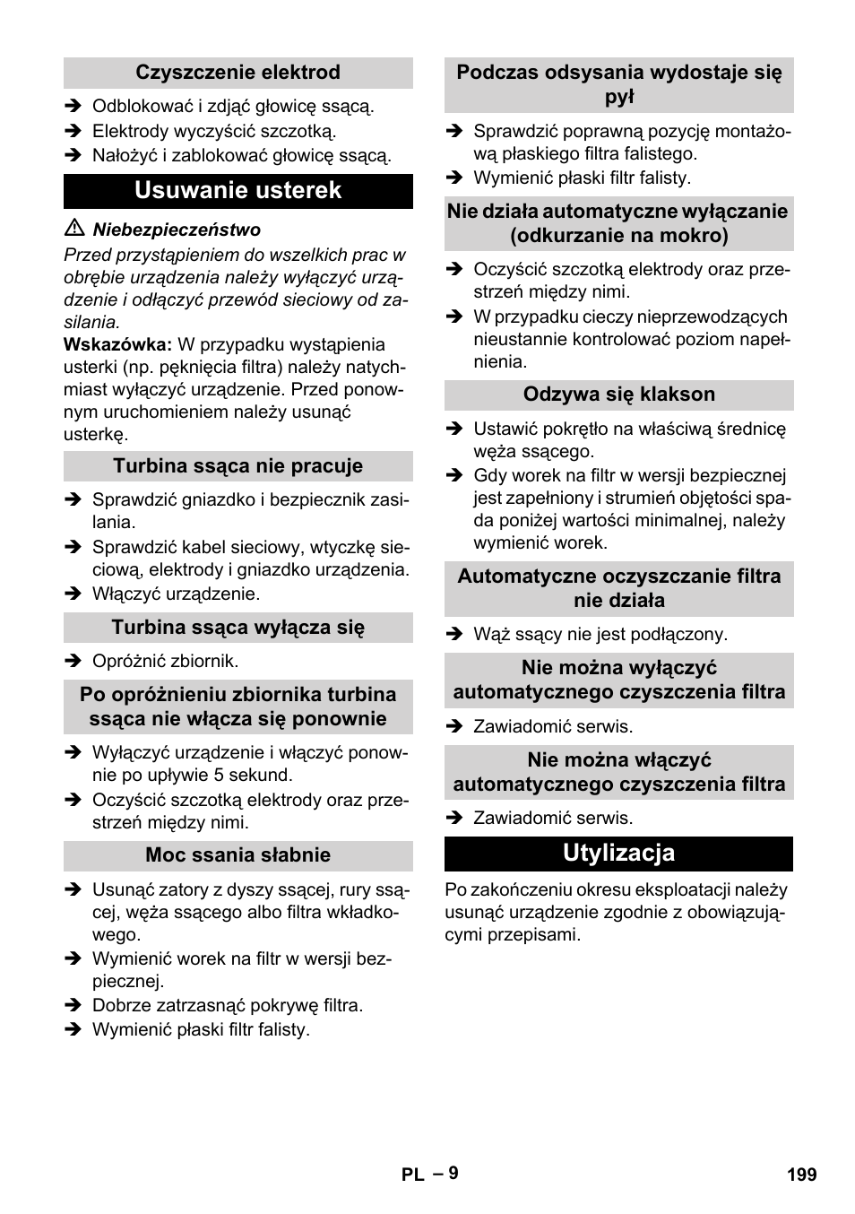 Usuwanie usterek, Utylizacja | Karcher NT 75-1 Tact Me Te H User Manual | Page 199 / 308