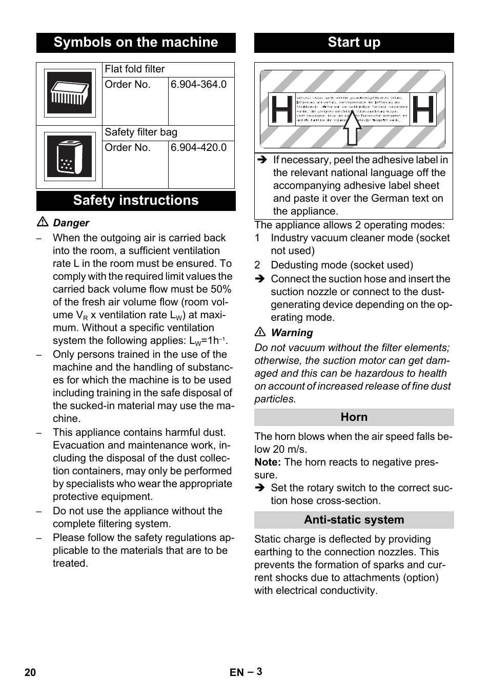 Symbols on the machine, Safety instructions start up | Karcher NT 75-1 Tact Me Te H User Manual | Page 20 / 308