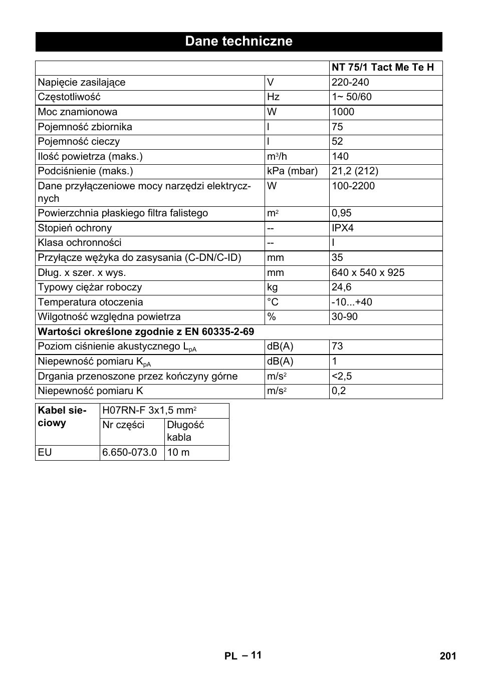 Dane techniczne | Karcher NT 75-1 Tact Me Te H User Manual | Page 201 / 308