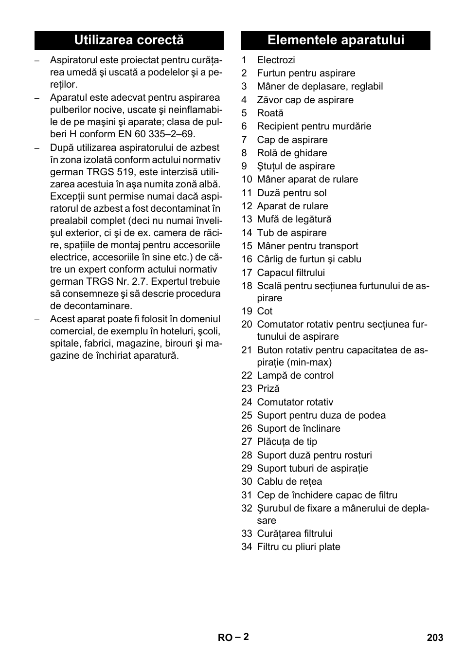 Utilizarea corectă elementele aparatului | Karcher NT 75-1 Tact Me Te H User Manual | Page 203 / 308