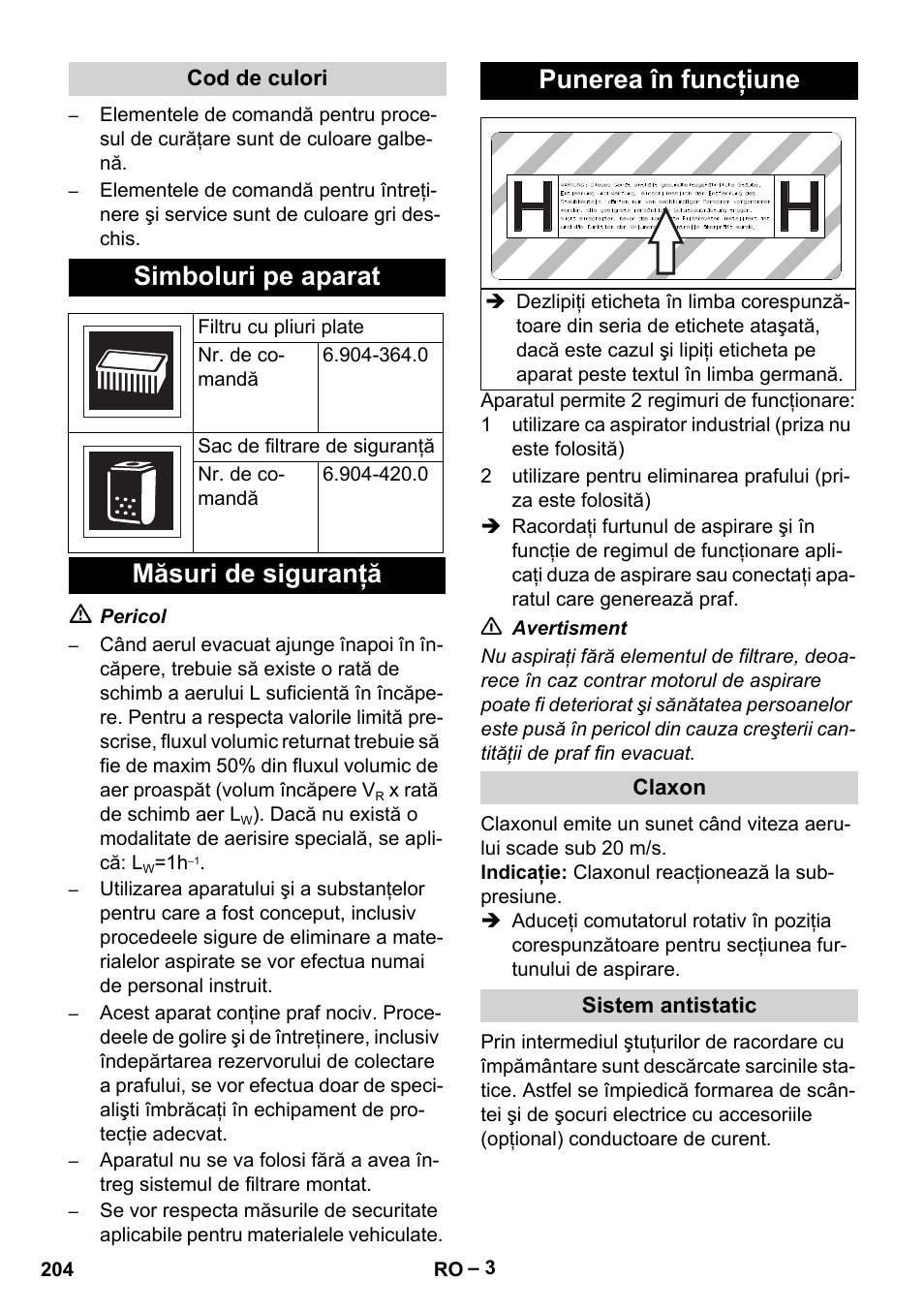 Simboluri pe aparat, Măsuri de siguranţă punerea în funcţiune | Karcher NT 75-1 Tact Me Te H User Manual | Page 204 / 308