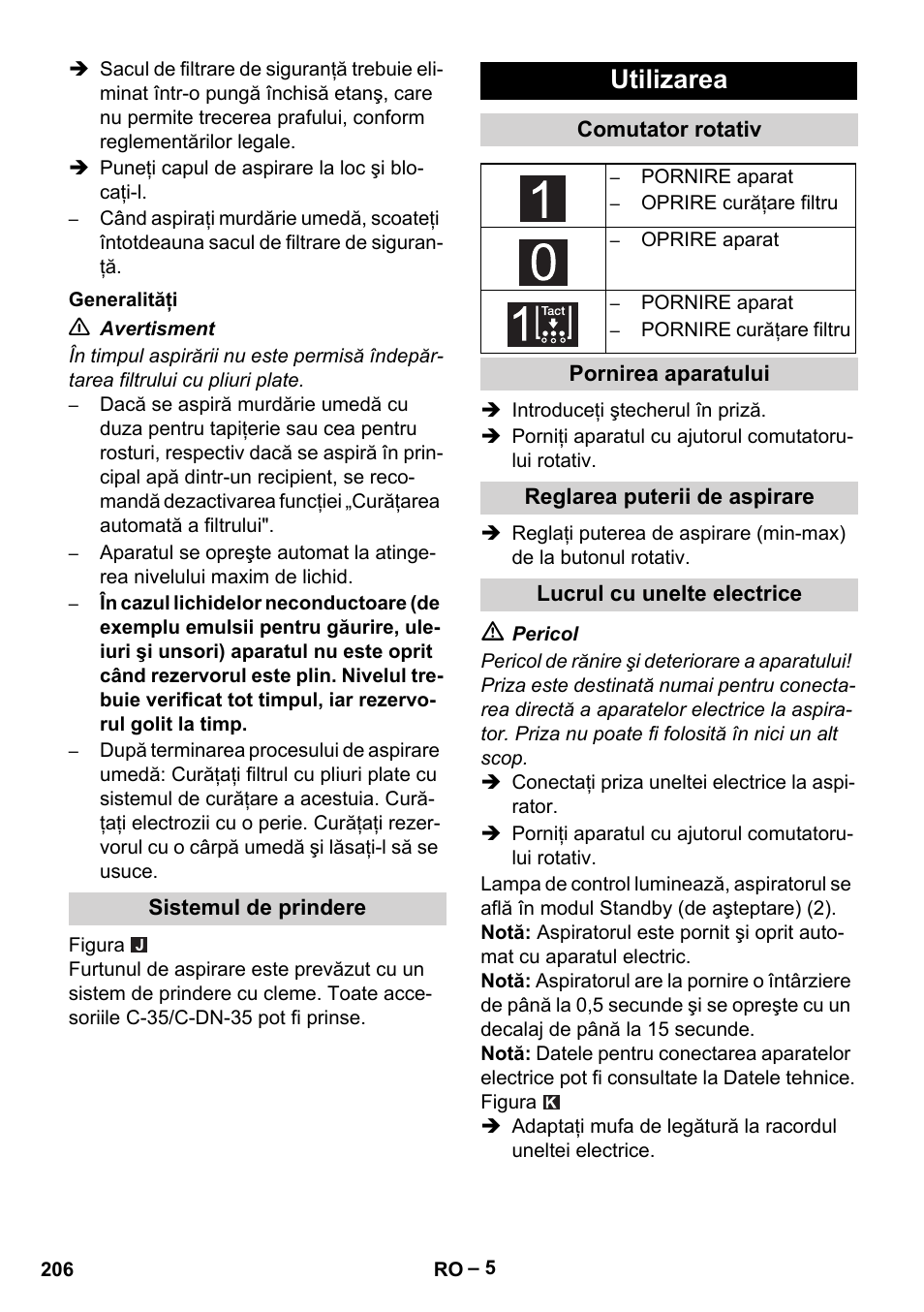 Utilizarea | Karcher NT 75-1 Tact Me Te H User Manual | Page 206 / 308