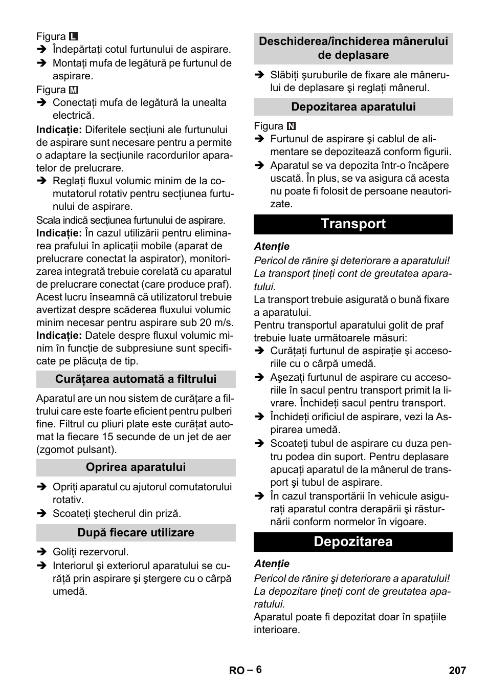 Transport depozitarea | Karcher NT 75-1 Tact Me Te H User Manual | Page 207 / 308