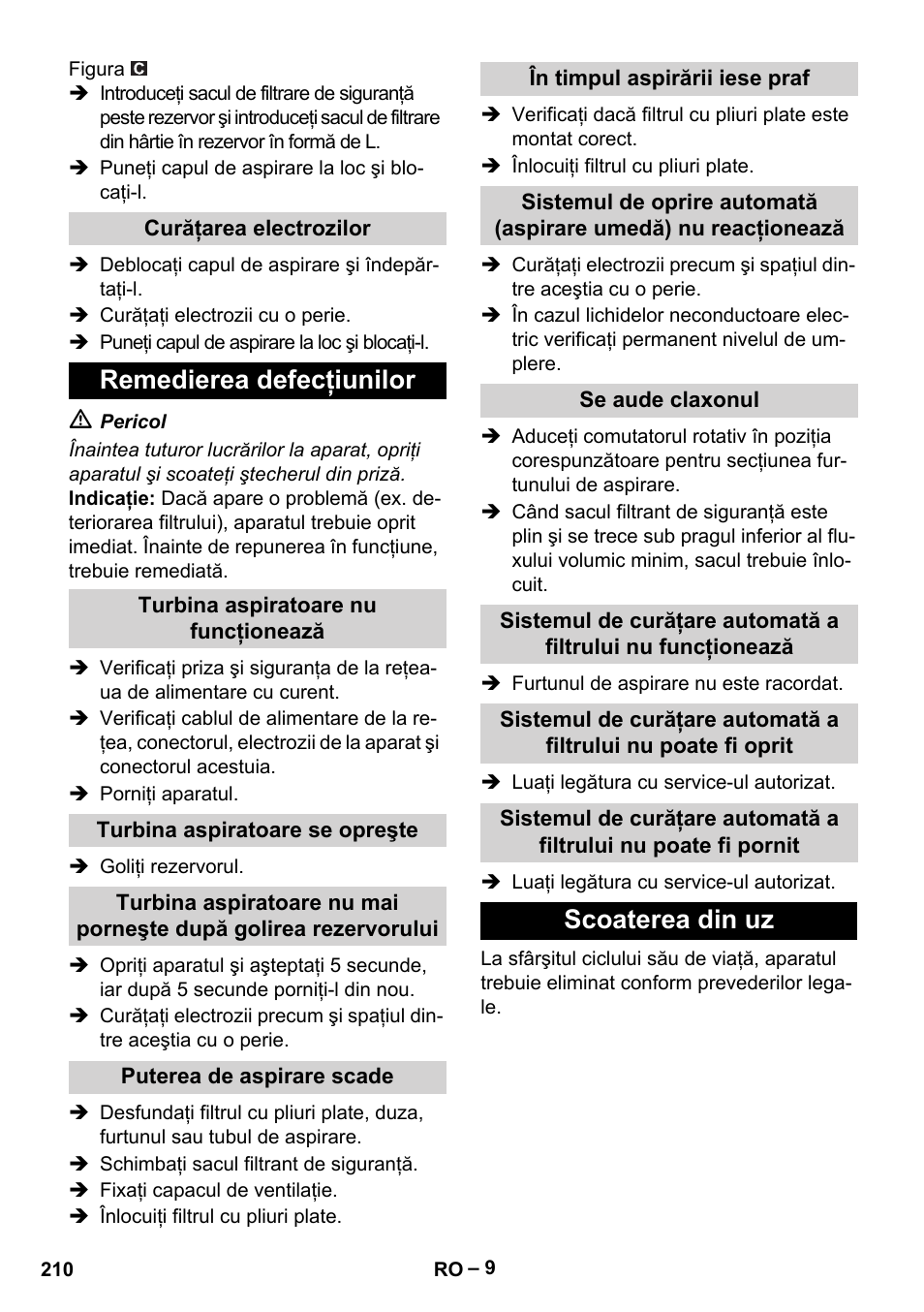 Remedierea defecţiunilor, Scoaterea din uz | Karcher NT 75-1 Tact Me Te H User Manual | Page 210 / 308