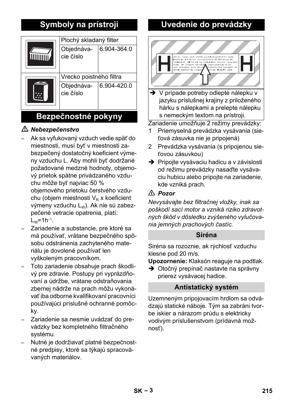 Symboly na prístroji, Bezpečnostné pokyny uvedenie do prevádzky | Karcher NT 75-1 Tact Me Te H User Manual | Page 215 / 308